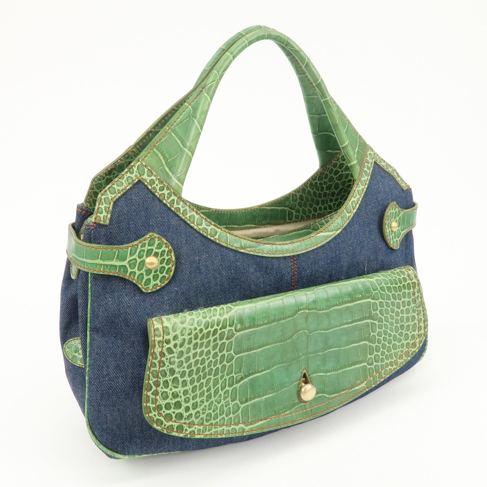 TOD’S Logo Denim Emboss Leather Hand Bag Shoulder Bag Blue Green