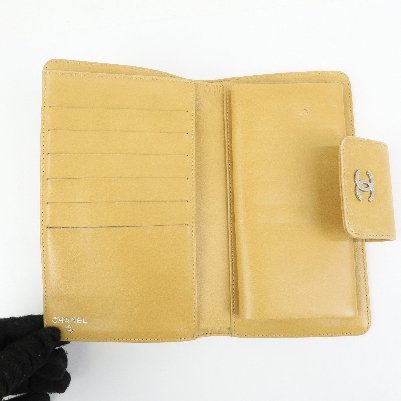 CHANEL Chocolate Bar Lamb Skin Long Wallet Yellow Beige A82281