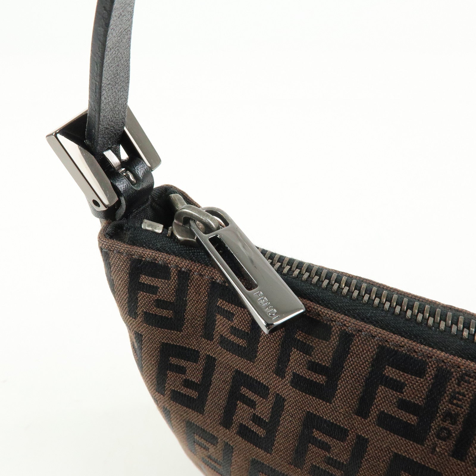 FENDI Zucchino Canvas Leather Hand Bag Brown Black 8BR1440
