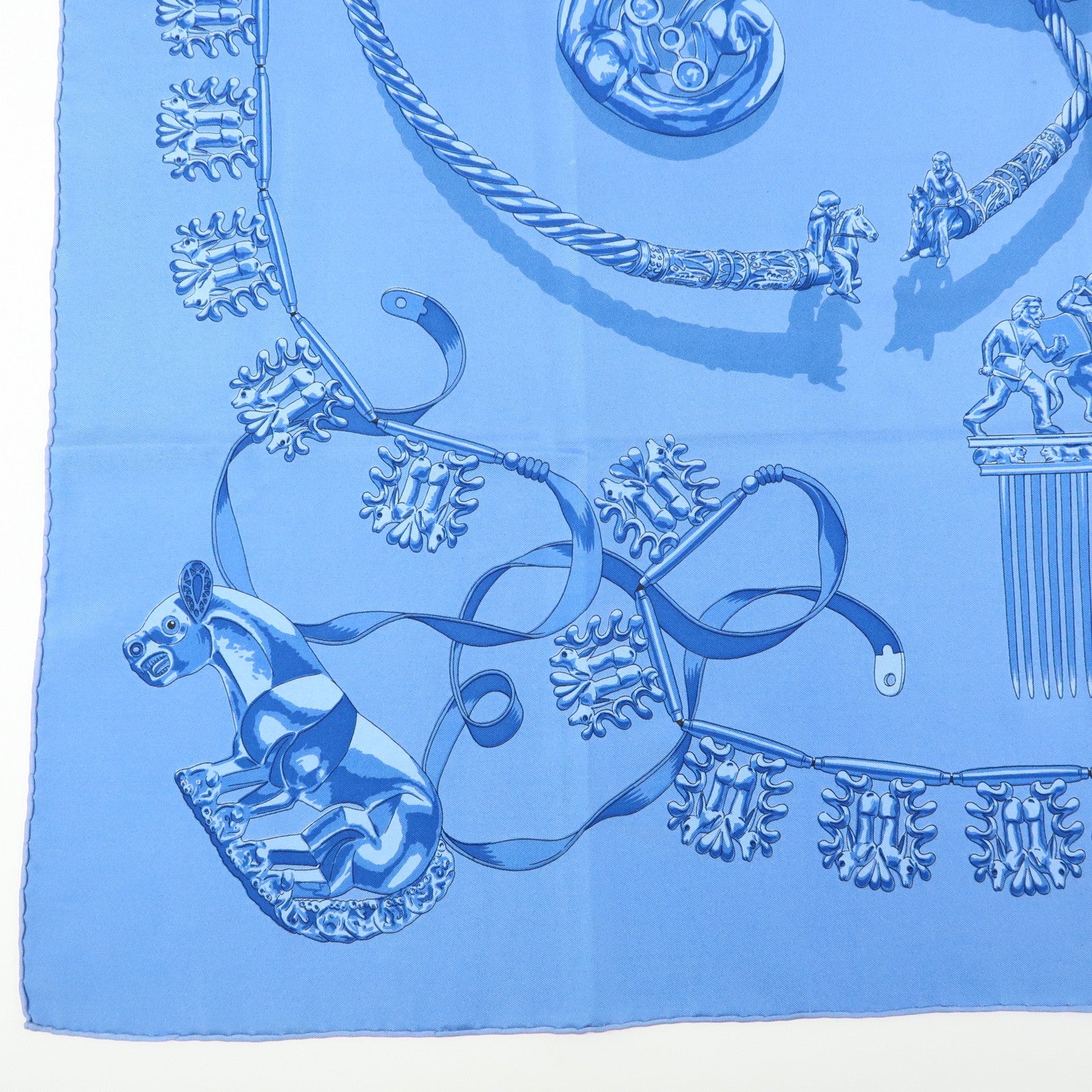 HERMES Carre 90 Silk 100% LES CAVALIERS D'OR Scarf Light Blue