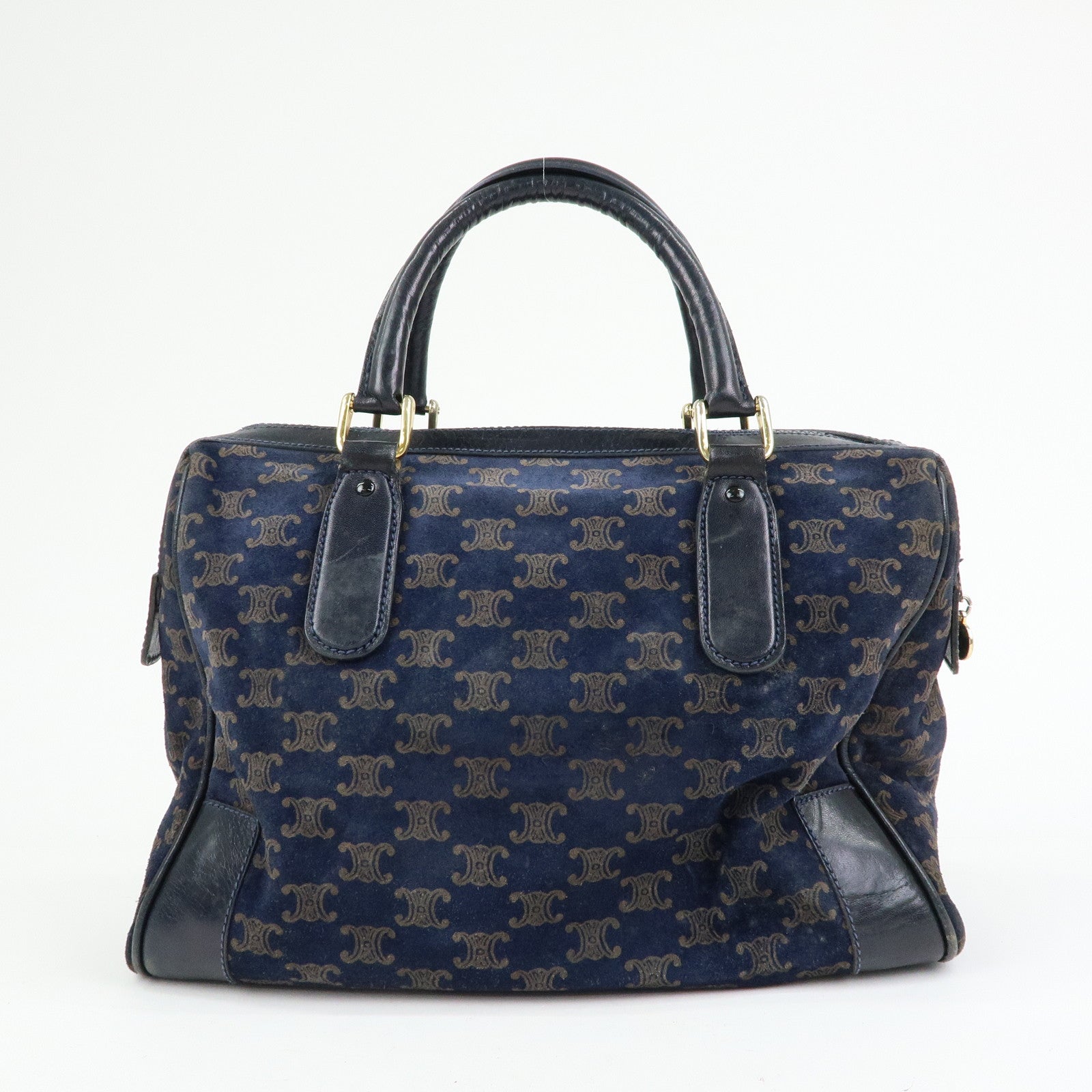 CELINE Macadam Leather Suede Hand Bag Boston Bag Navy