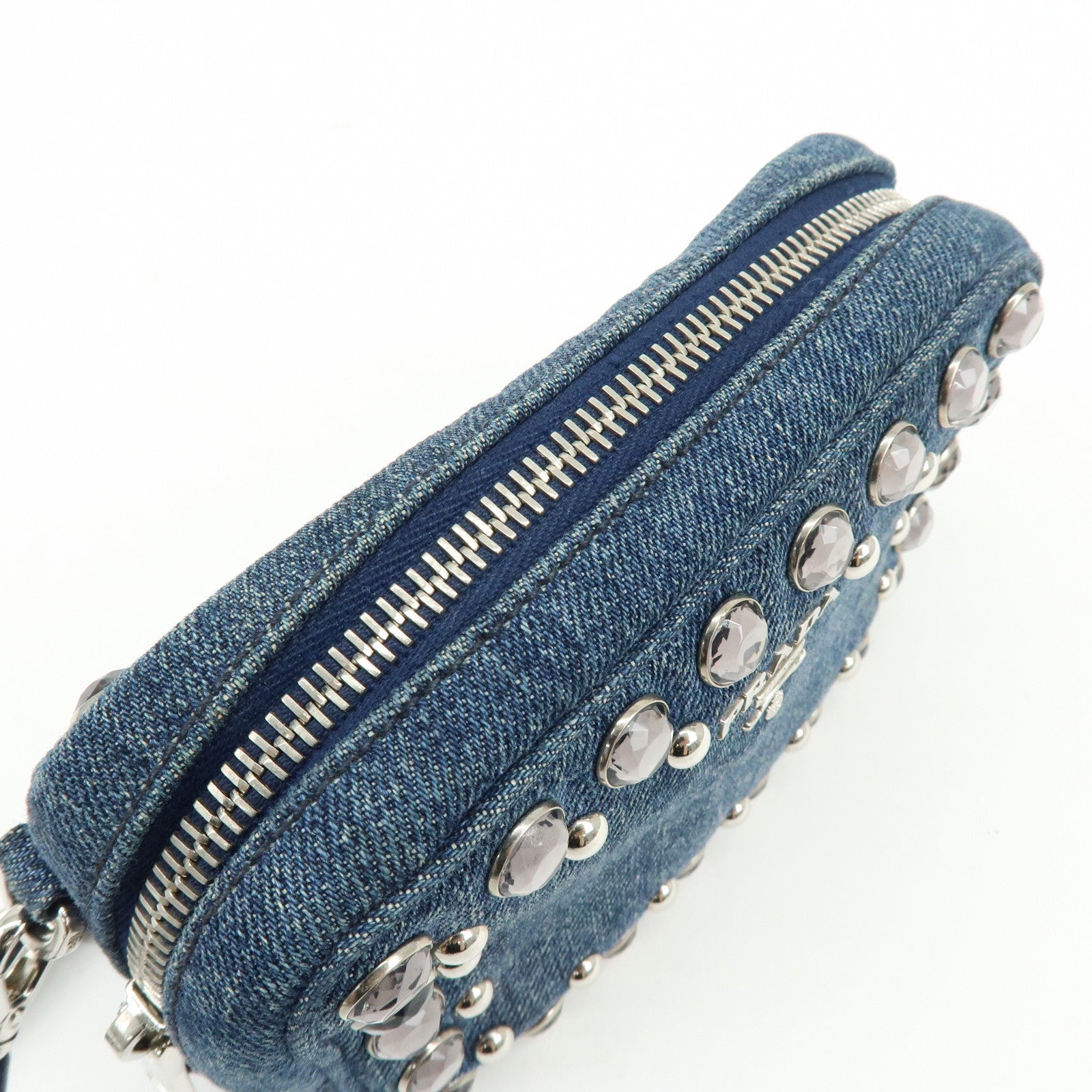 PRADA Logo Denim Shoulder Bag Crossbody Bag Rhinestone Blue