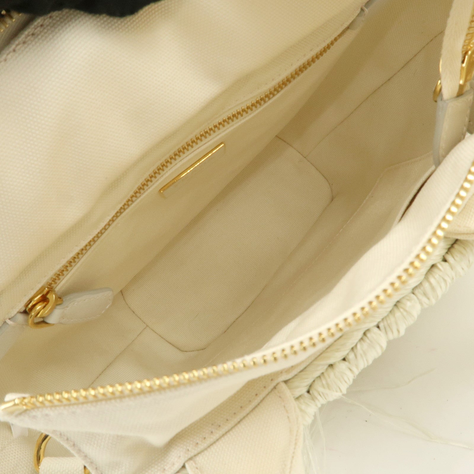 PRADA Logo Raffia Canvas Straw Hand Bag White Gold Charm1BG089