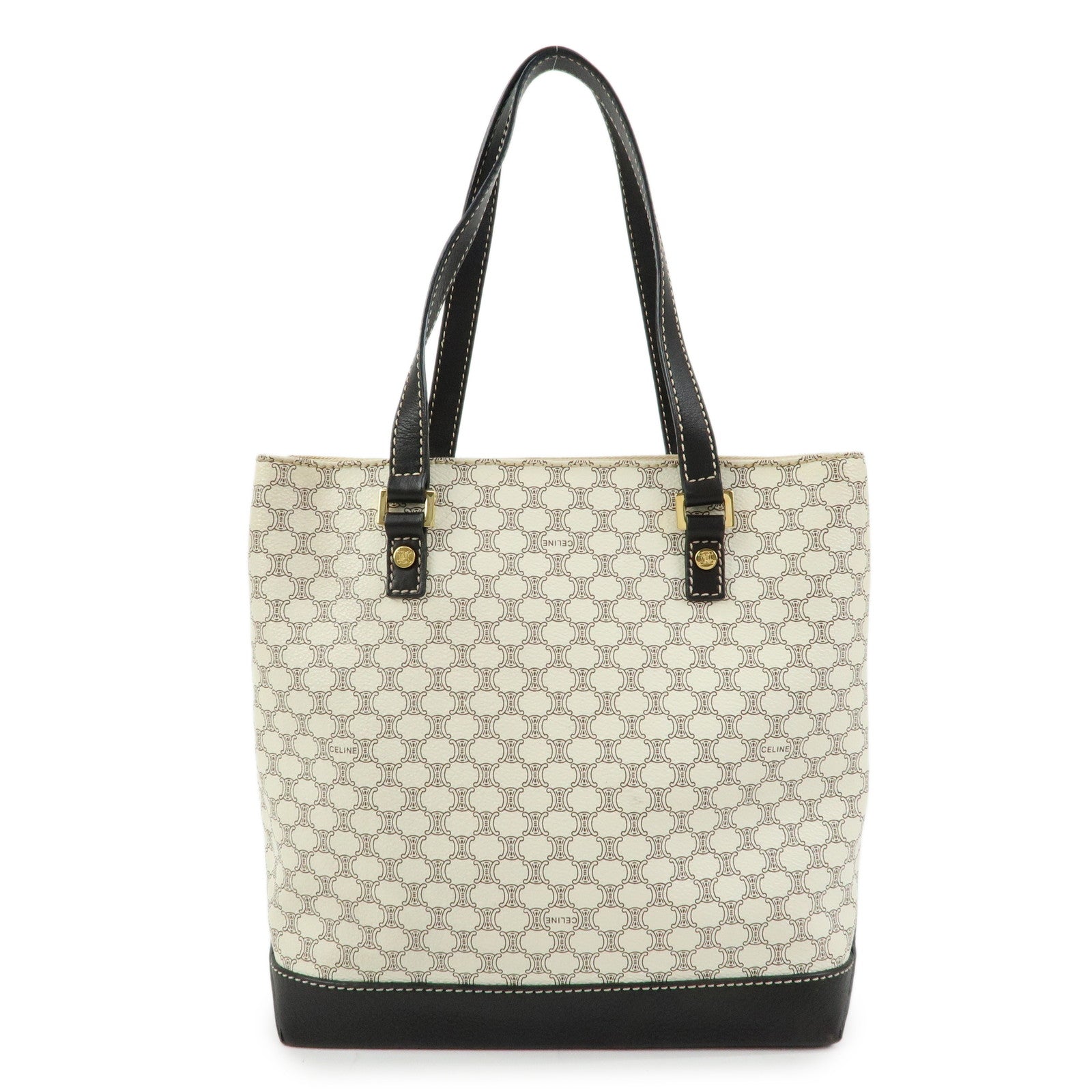 CELINE Macadam PVC Coated Canvas Leather Tote Bag White Dark Brown