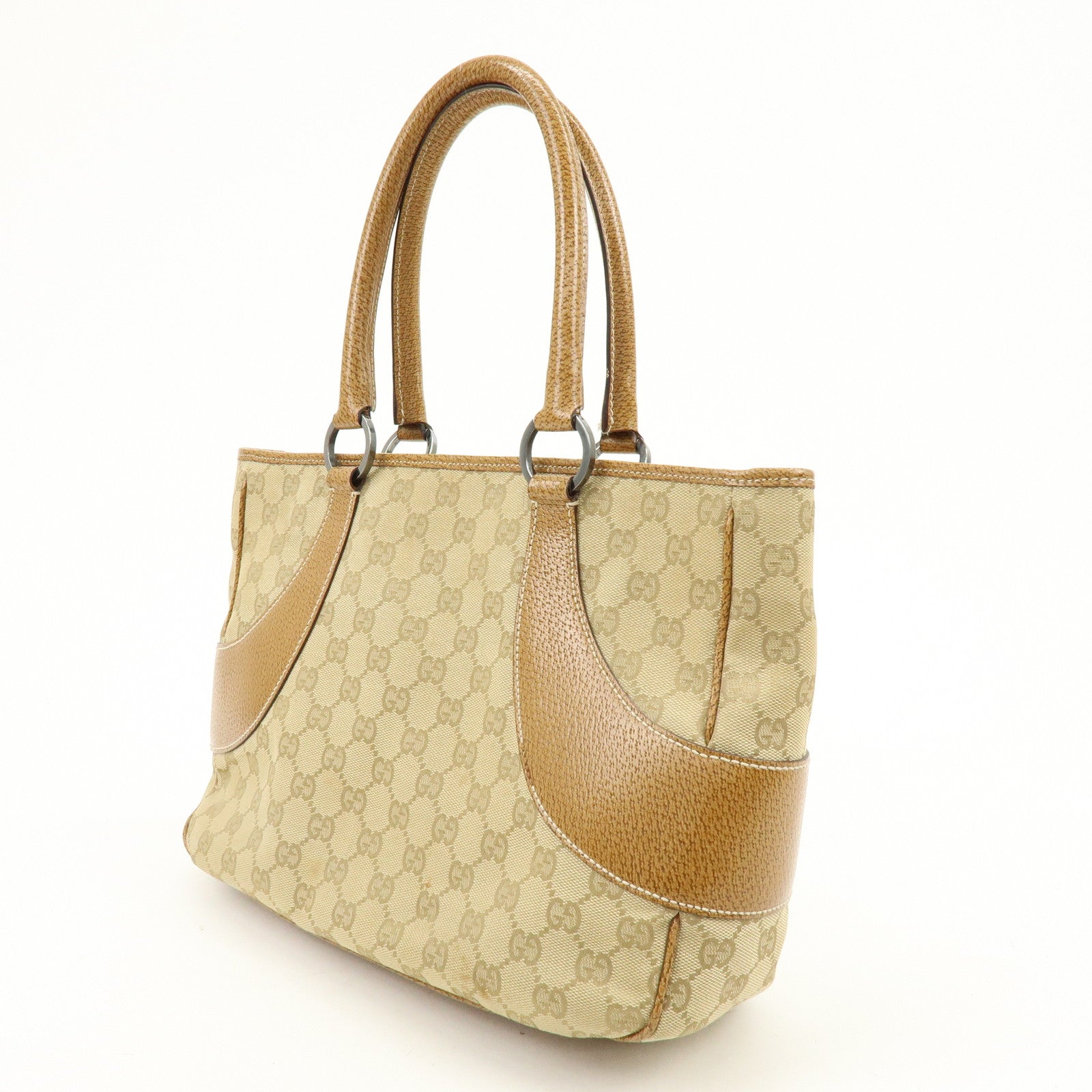GUCCI GG Canvas Leather Tote Bag Hand Bag Beige Camel 113011