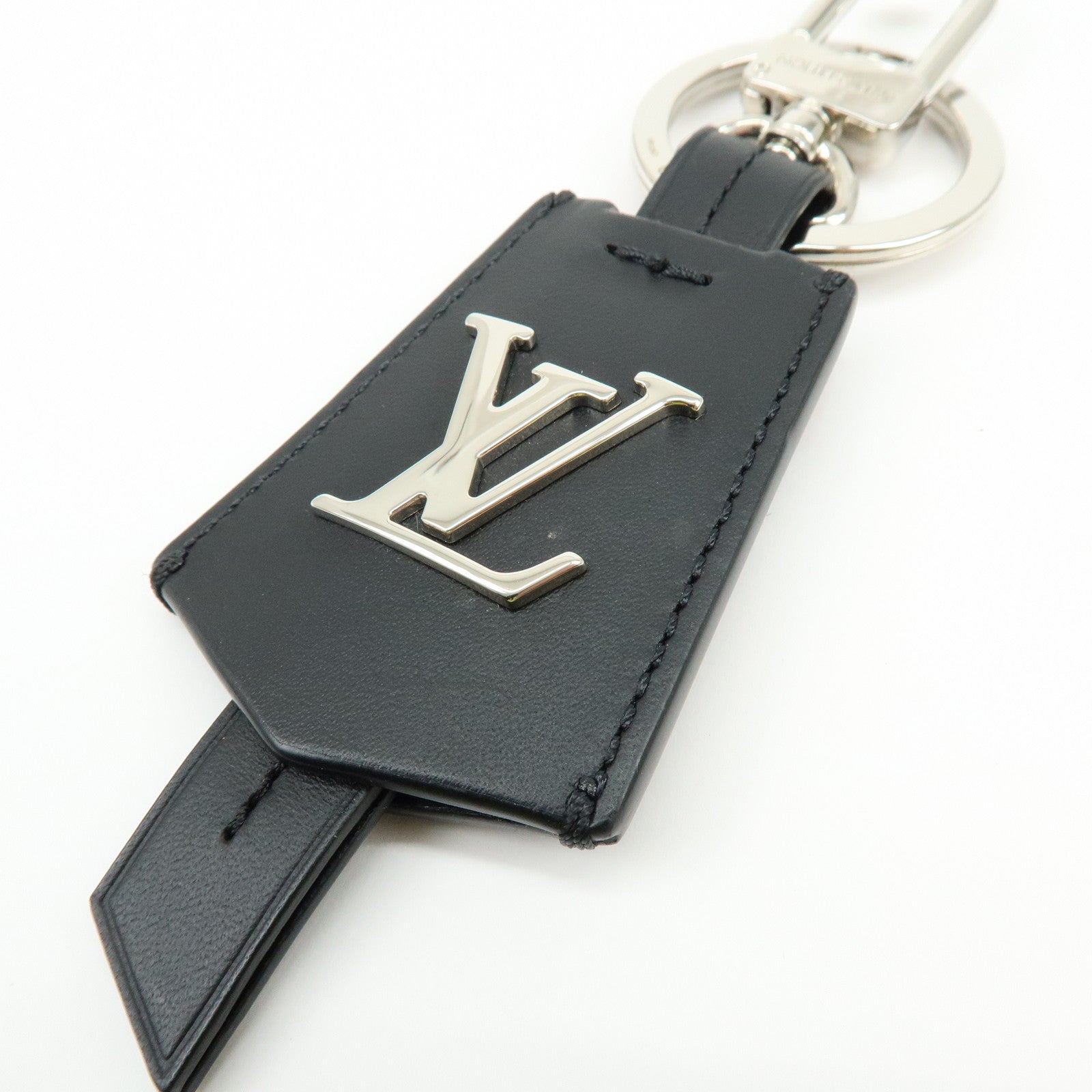 Louis Vuitton Leather Bag Charm Key Chain Black Silver M68020