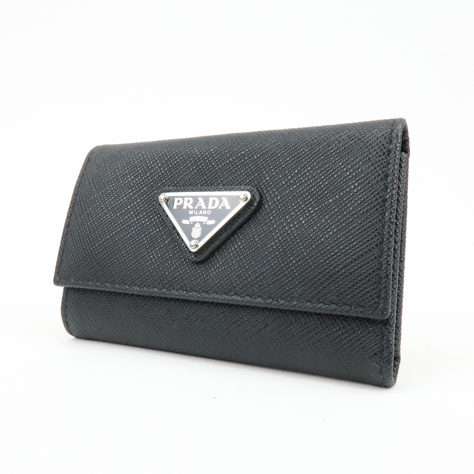PRADA Triangle Logo Saffiano Leather Key Case Key Ring Black 1PG004