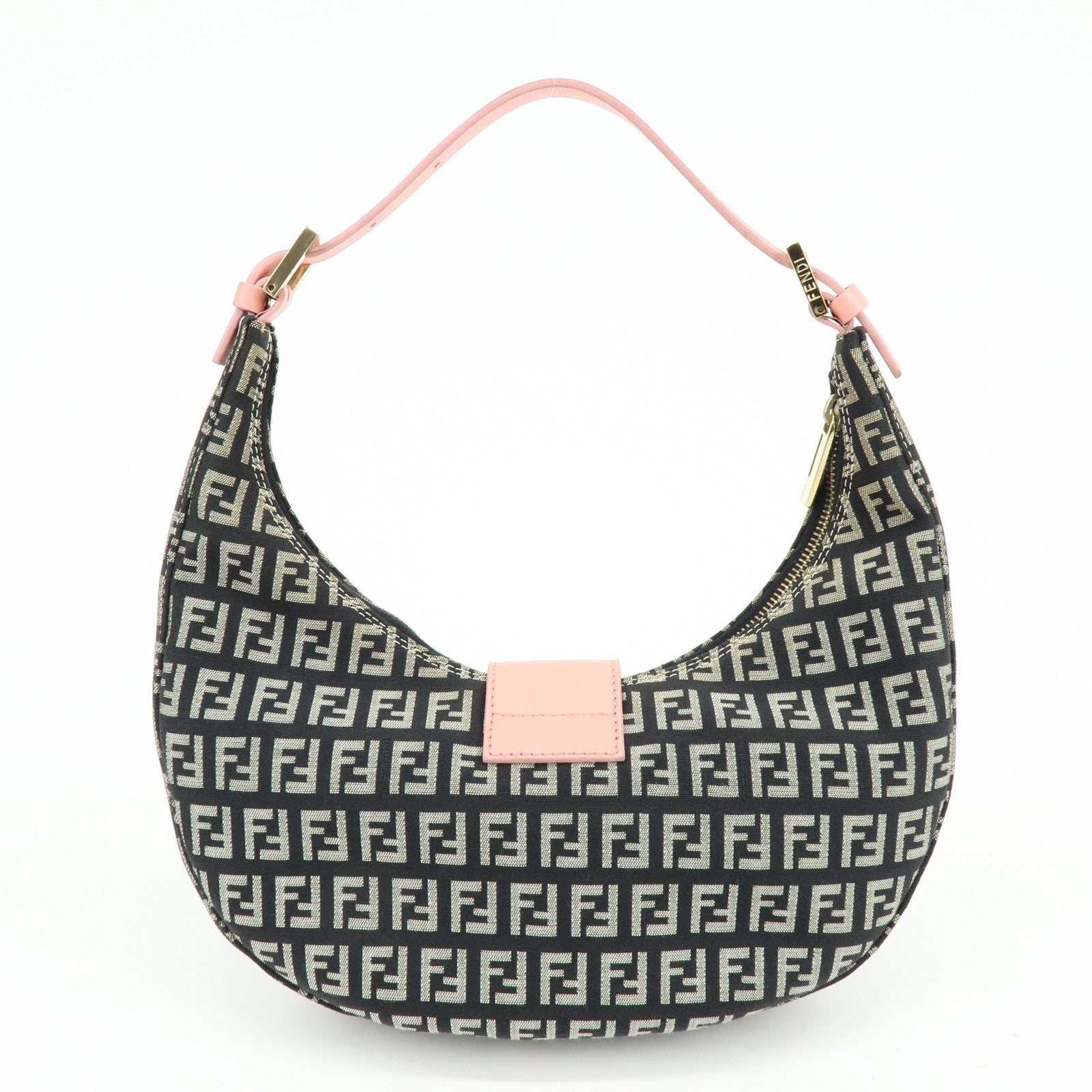 FENDI Zucchino Canvas Leather Shoulder Bag Black Pink 8BR020