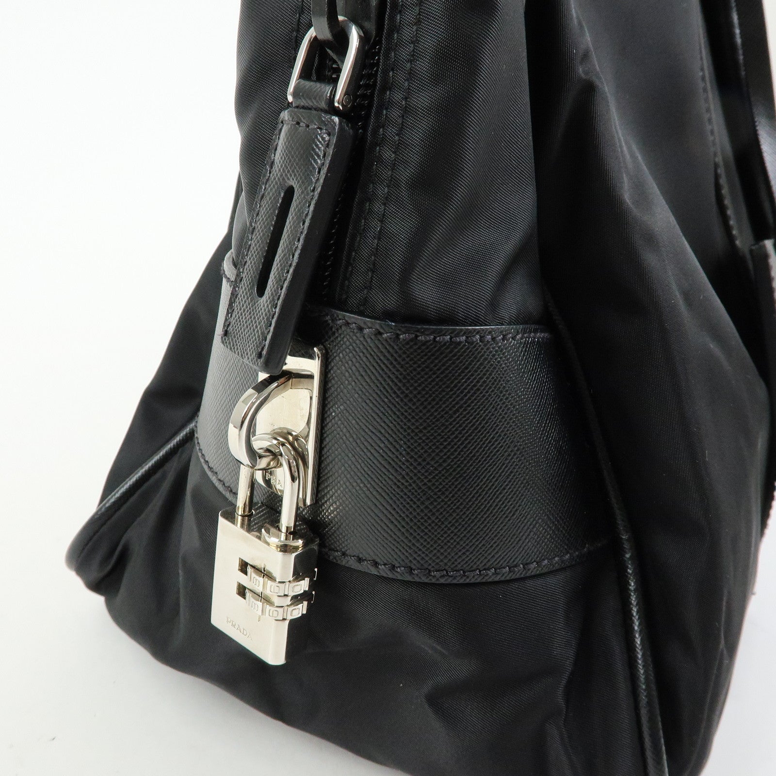 PRADA Triangle Logo Nylon Saffiano Leather Boston Bag Black VS0069