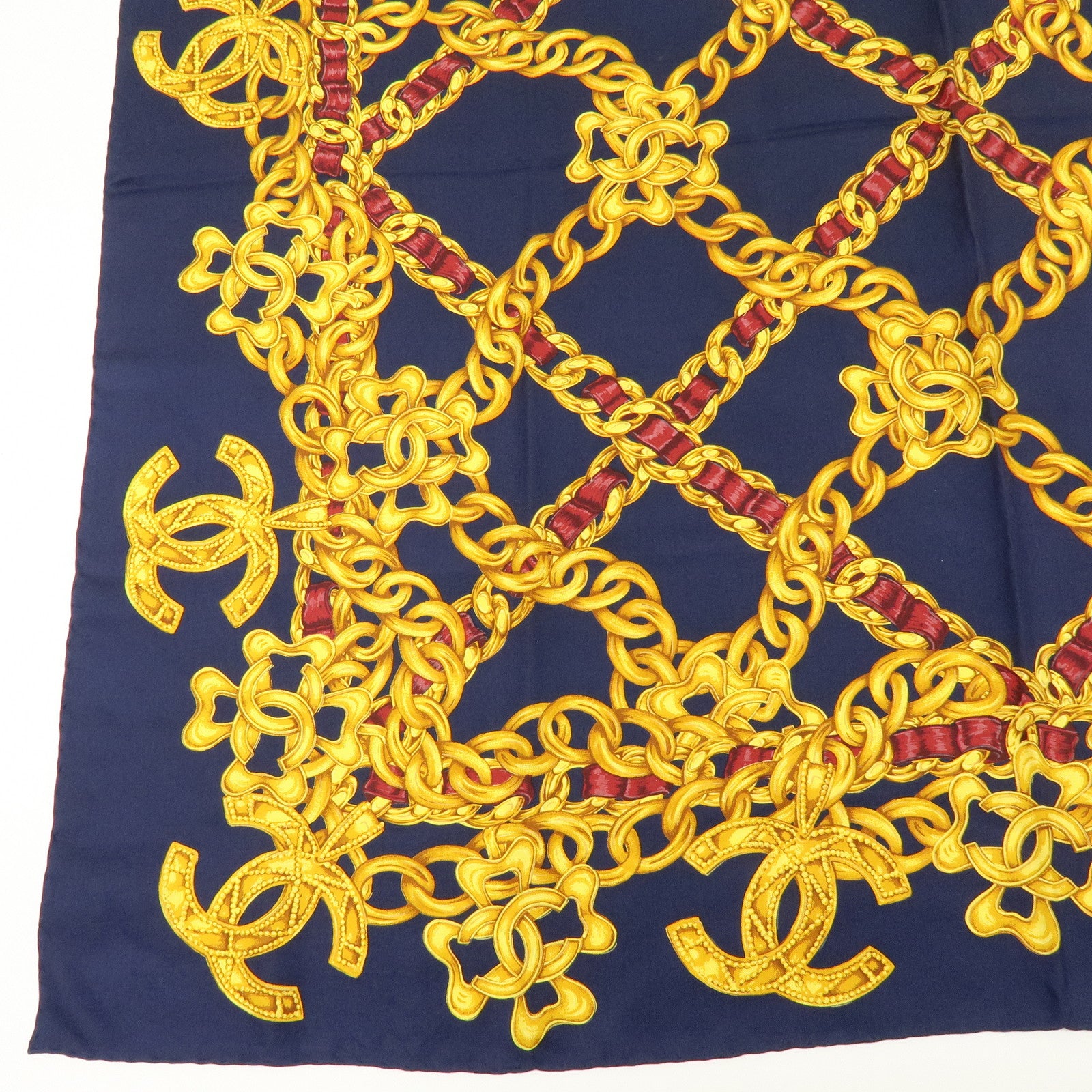 CHANEL Silk 100% Scarf COCO Mark Chain Motif Navy Gold