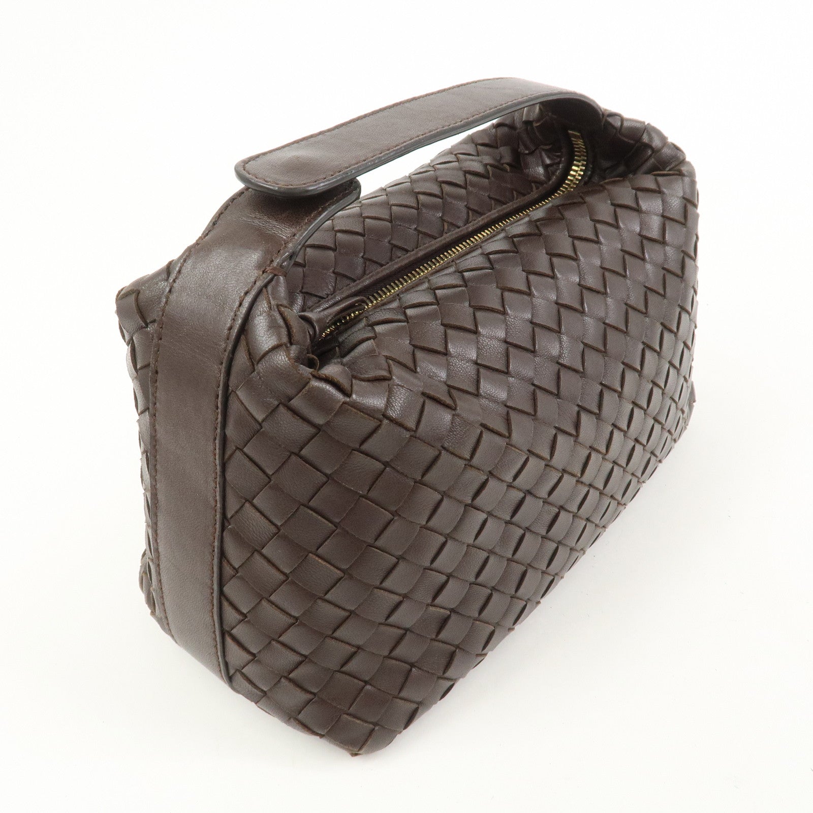 BOTTEGA VENETA Intrecciato Lamb Skin Hand Bag Boston Bag Dark Brown