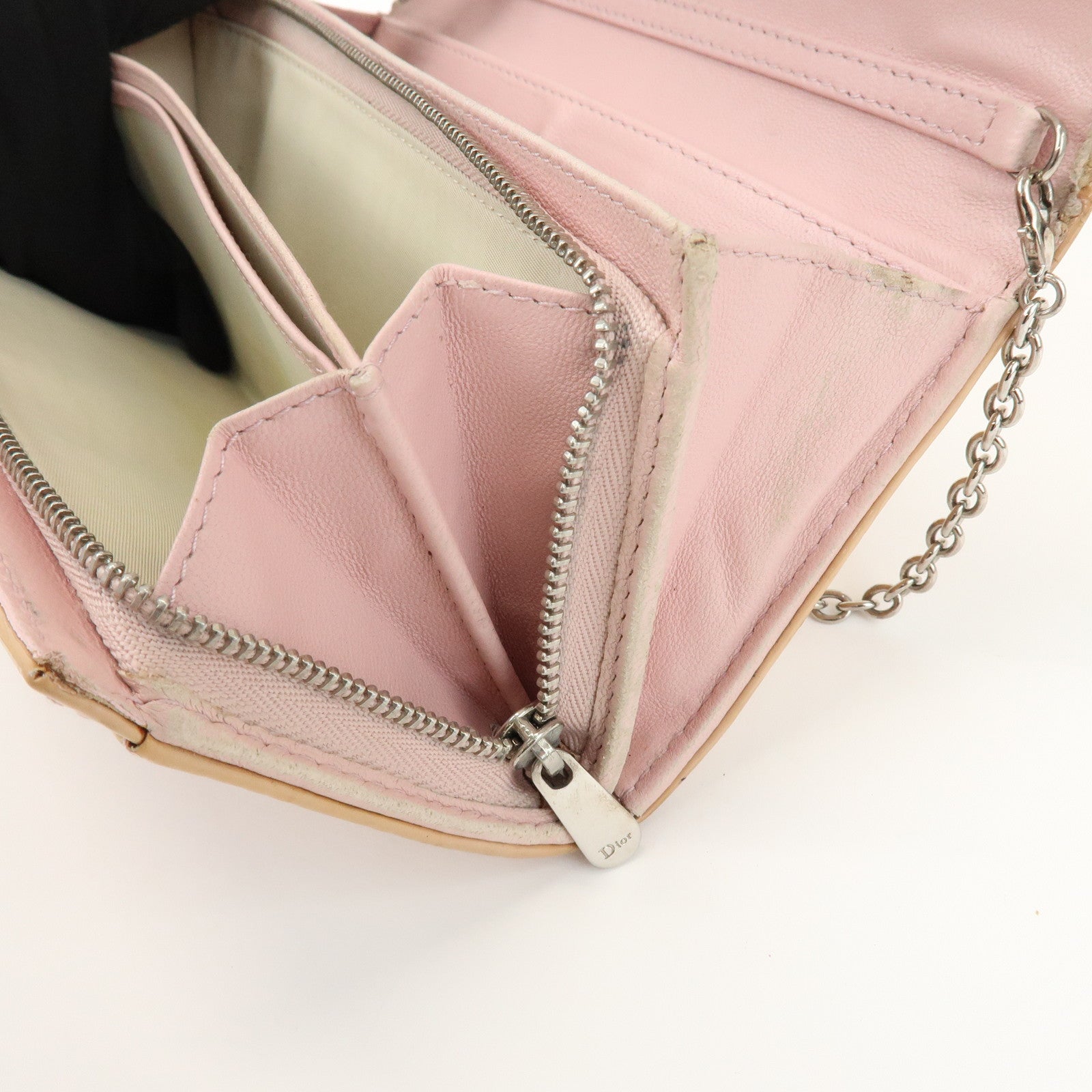 Christian Dior Patent Leather Chain Wallet Long Wallet WOC Beige