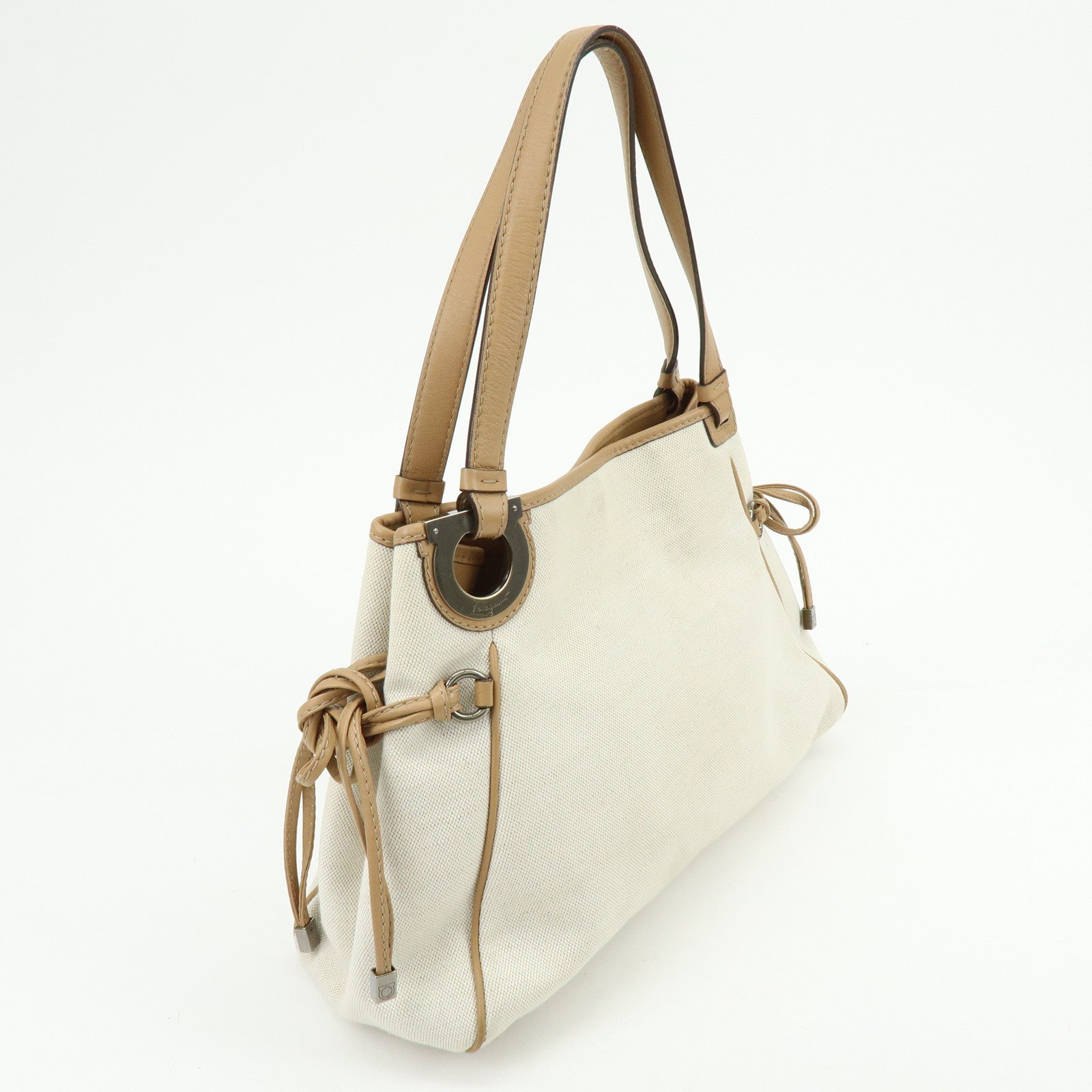Ferragamo Gancini Canvas Leather Tote Bag Shoulder Bag Natural