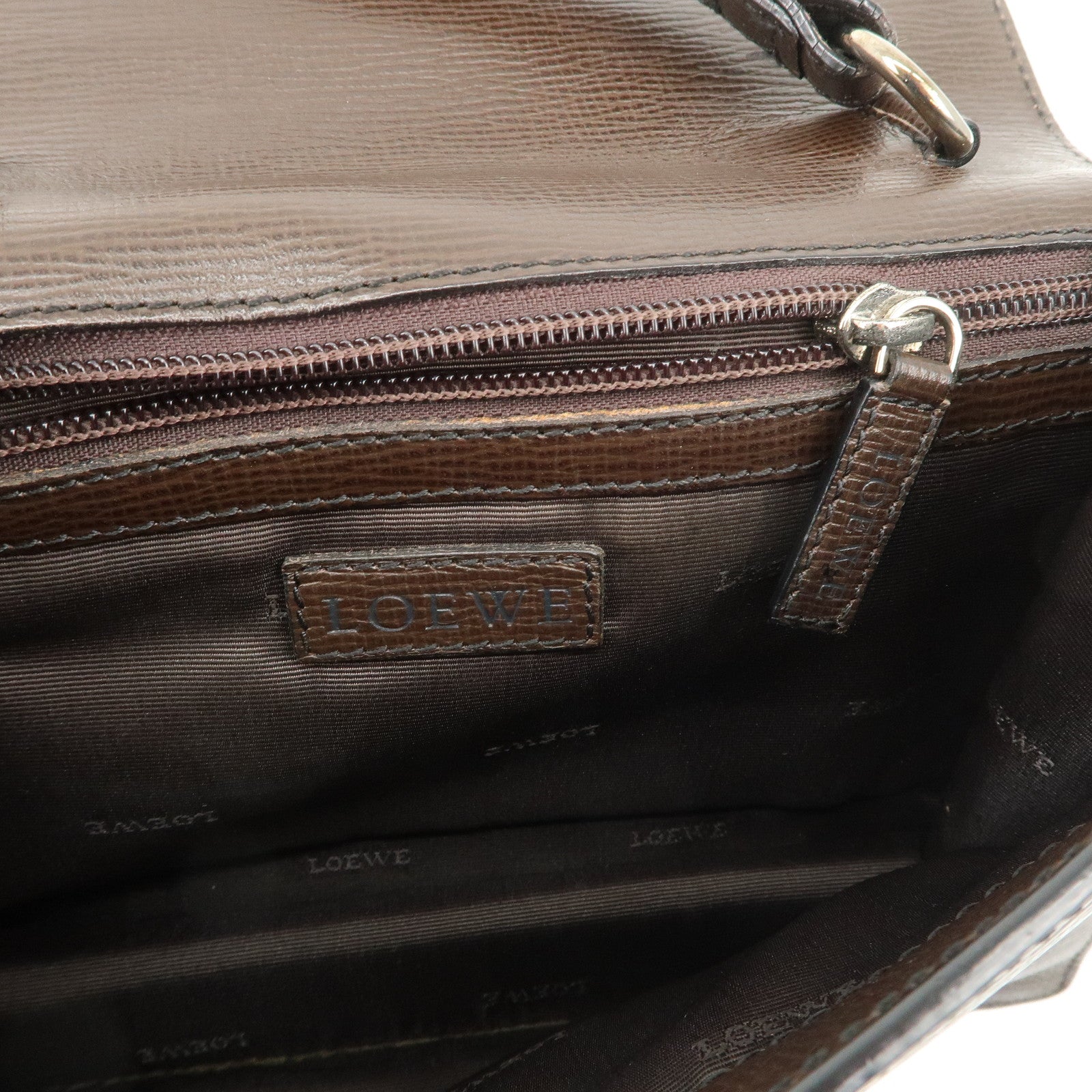 LOEWE Leather Clutch Bag Brown Silver HDW
