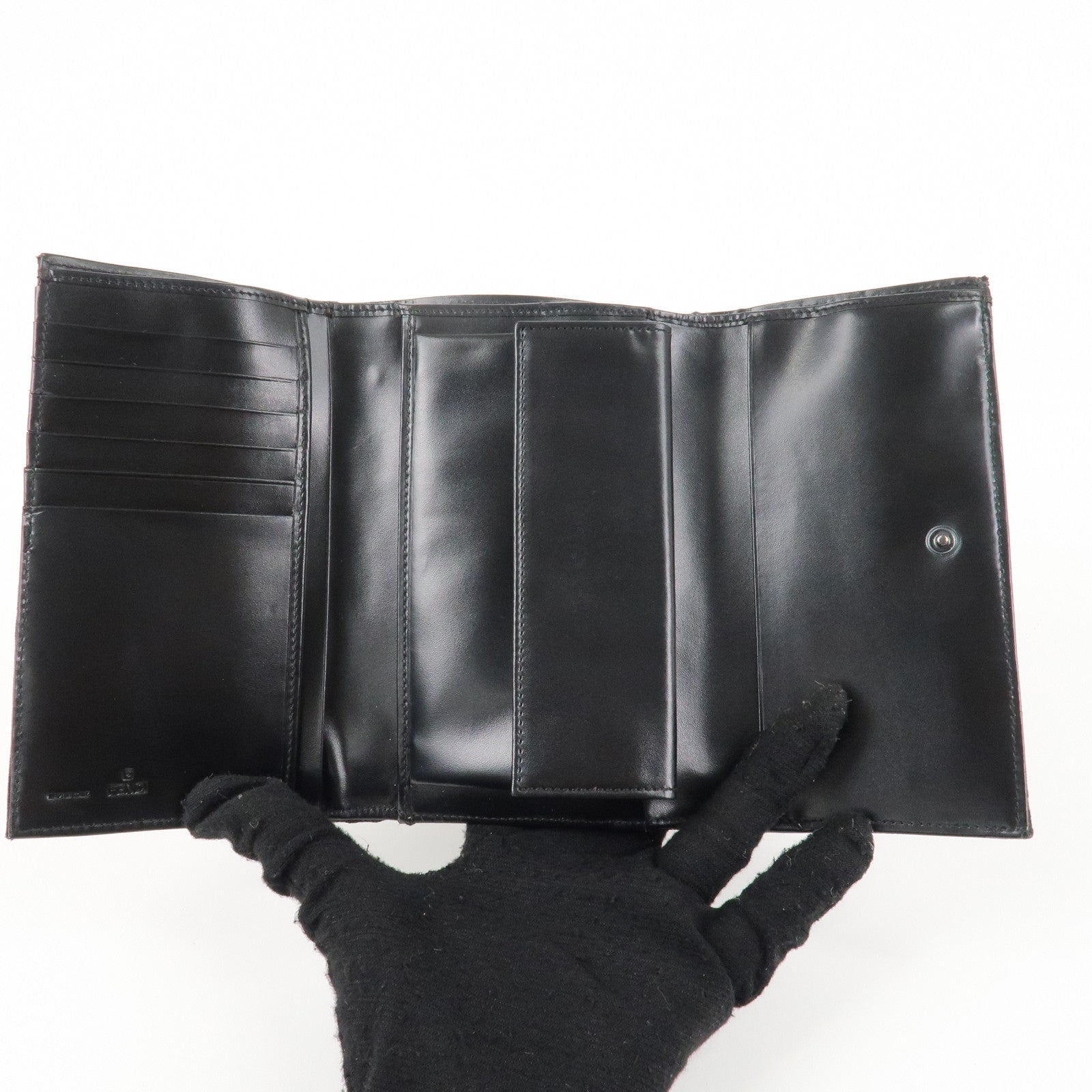 FENDI Zucchino Canvas Leather Tri-fold Wallet Black 8M0011 Used