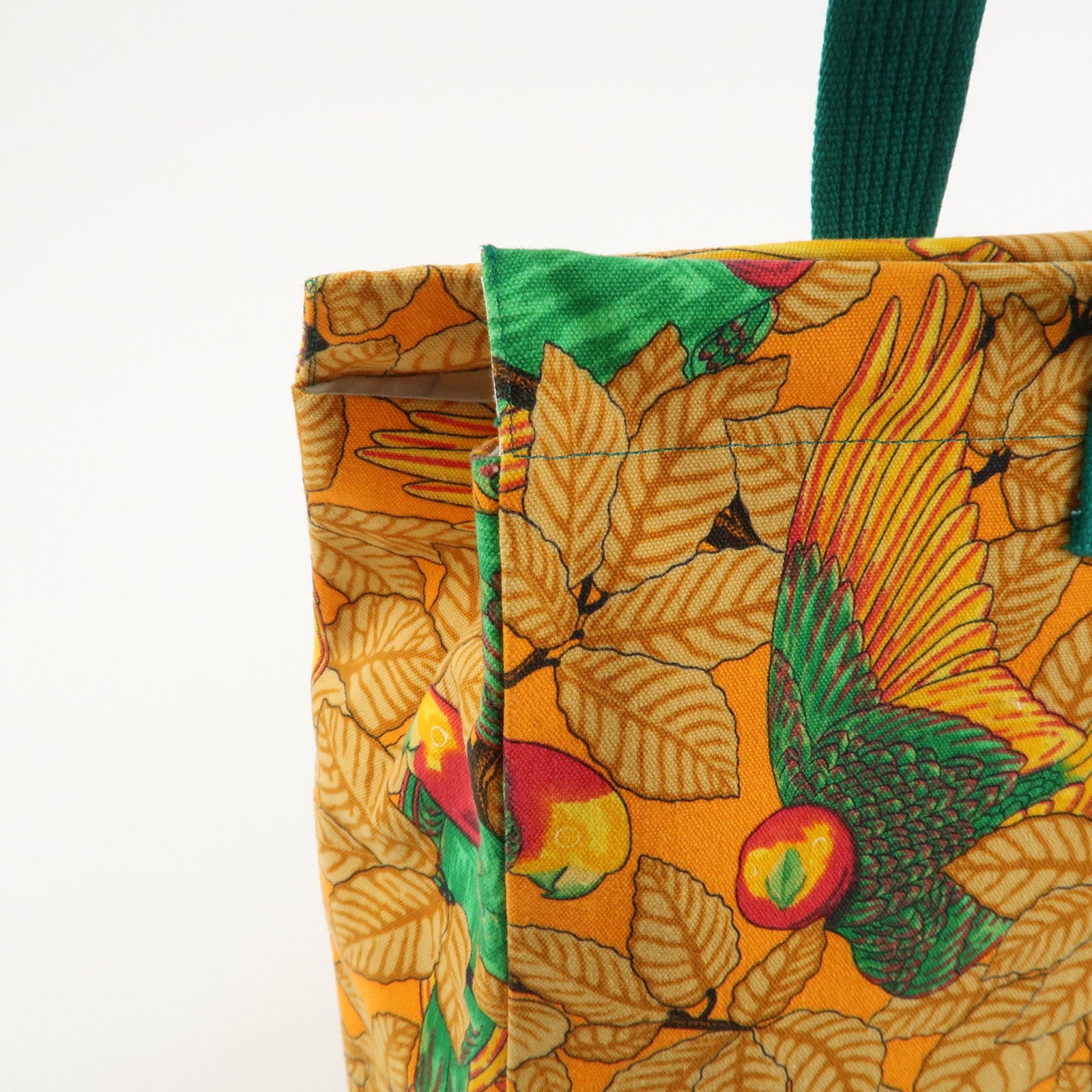 HERMES  Cotton Canvas Tote Bag Shoulder Bag Parrot Pattern Orange Green Used
