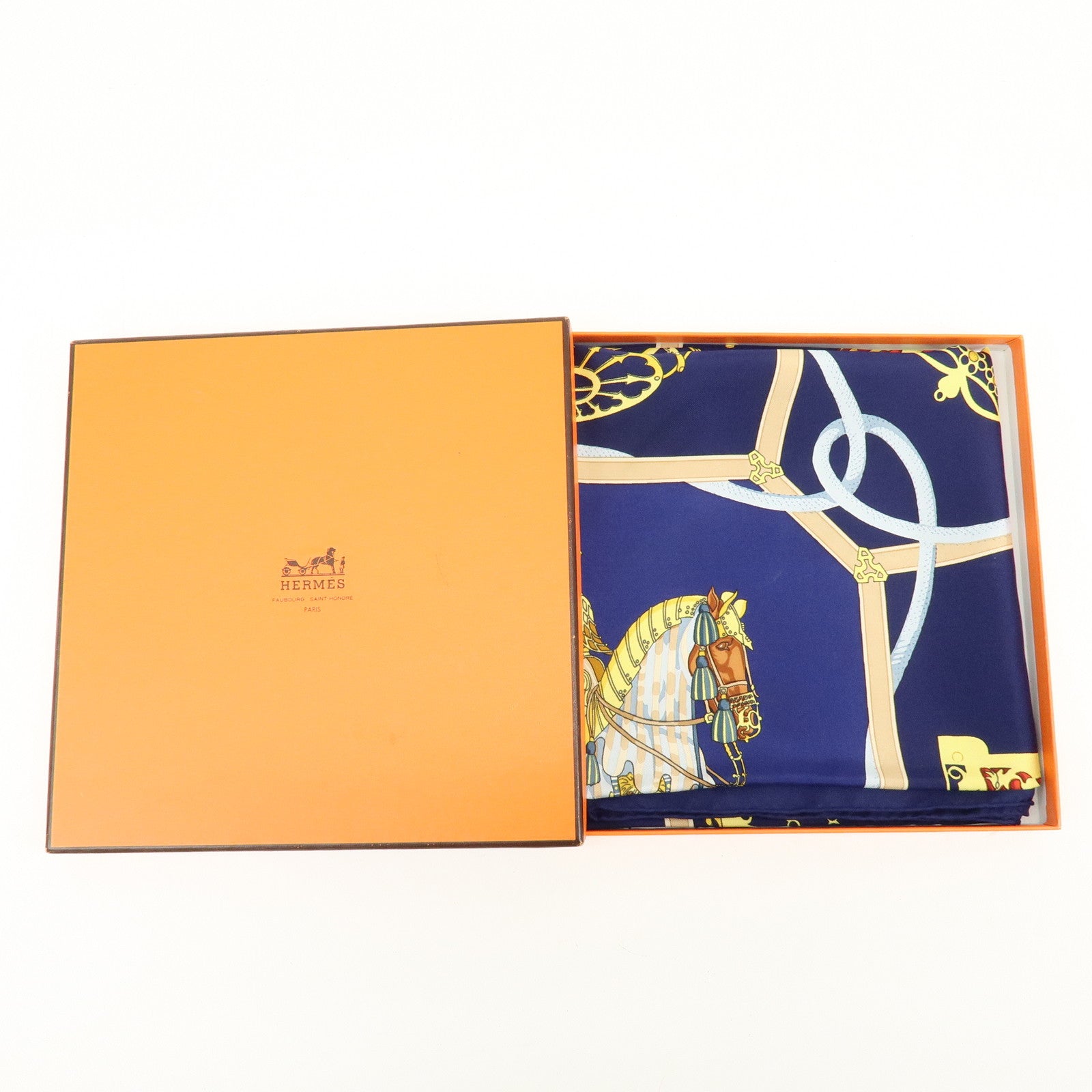 HERMES Carre 90 Silk 100% LES MUSEROLLES Scarf Navy