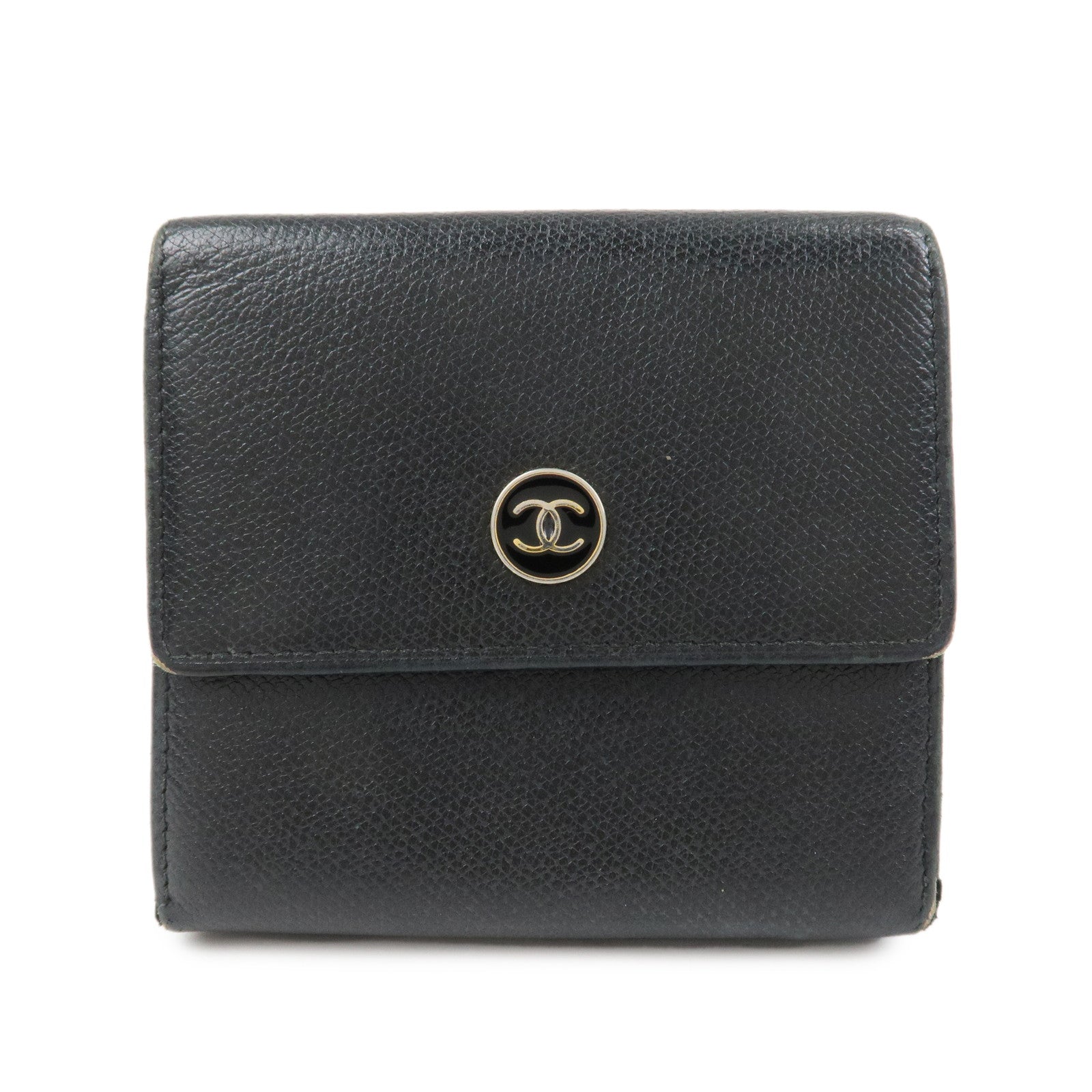 CHANEL COCO Button Leather W Hook Compact Wallet Black  A20902