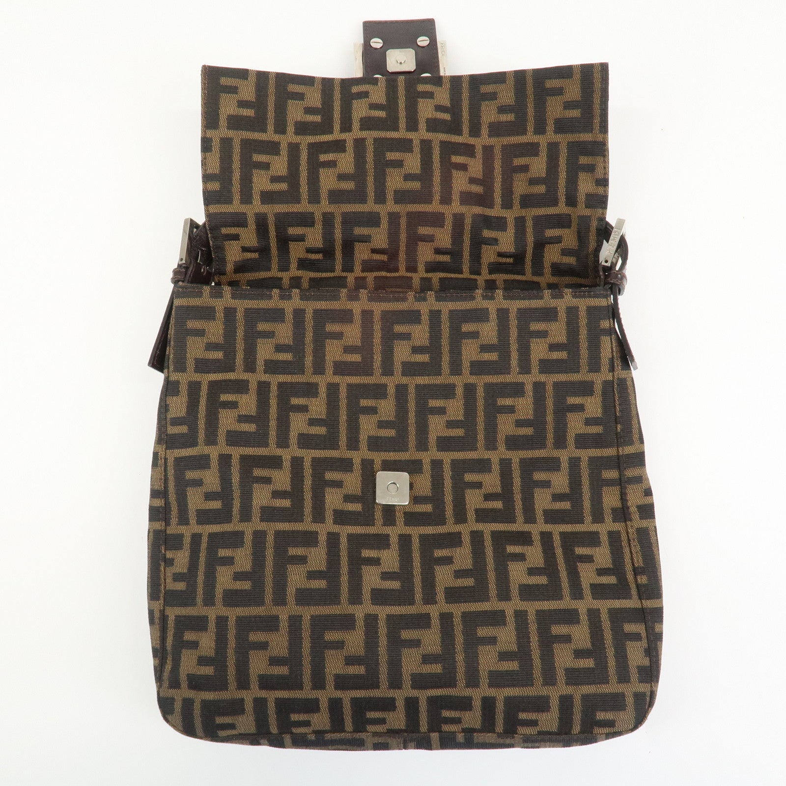 FENDI Zucca Canvas Leather Shoulder Bag Brown Black 26730