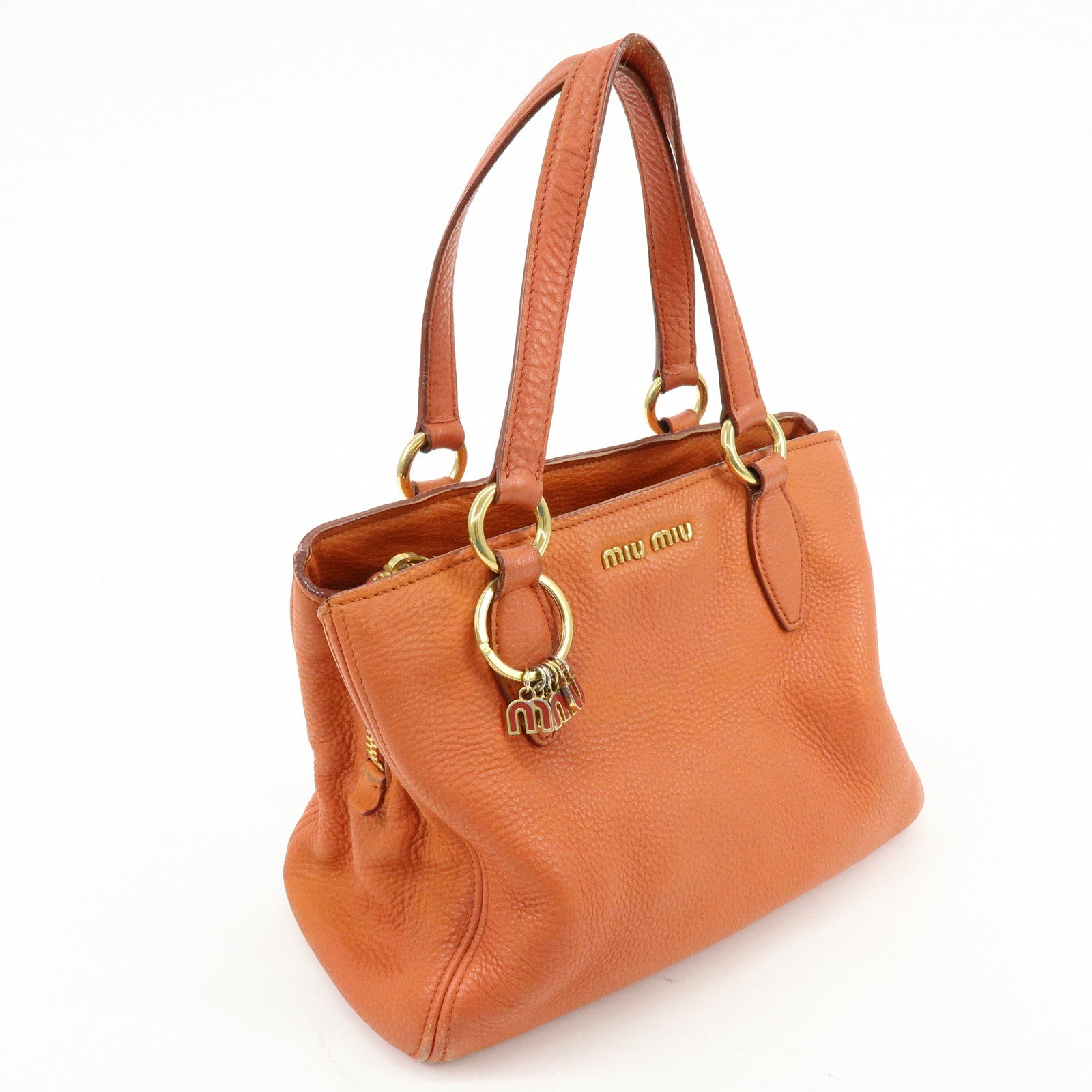 MIU MIU Logo Leather Hand Bag Tote Bag Orange