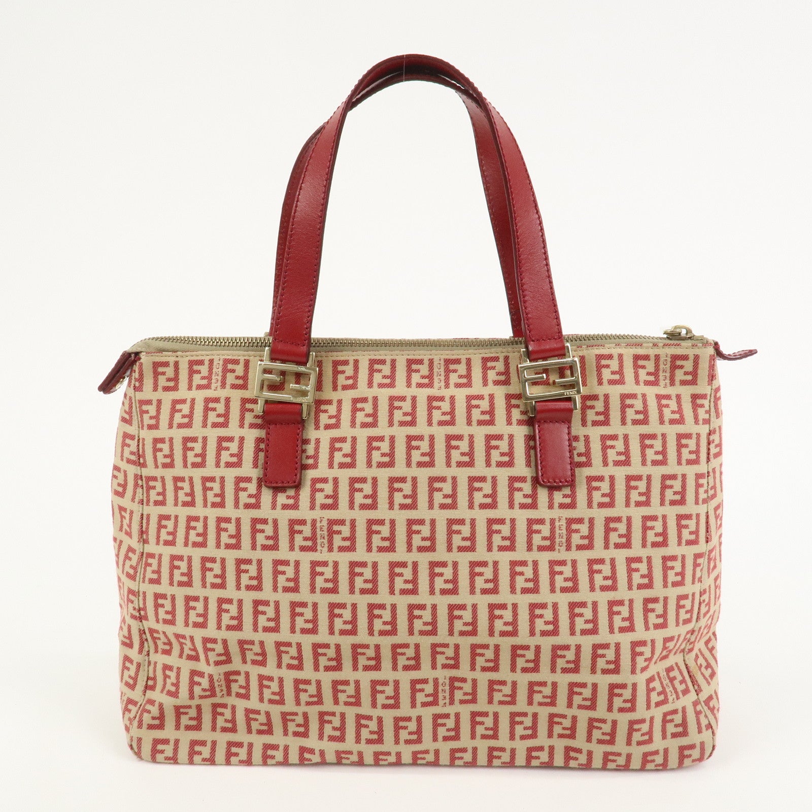 FENDI Zucchino Canvas Leather Tote Bag Hand Bag Beige Red 8BH134
