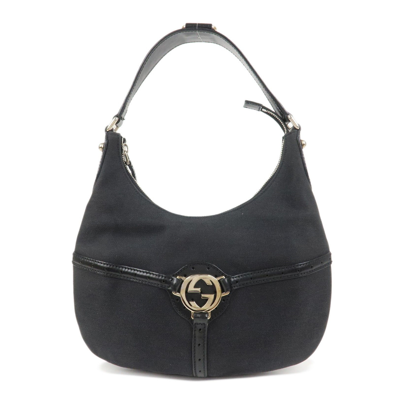 GUCCI Interlocking G Canvas Leather One Shoulder Bag Black 114869