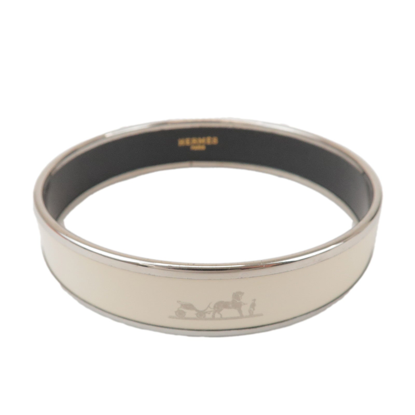 HERMES Email MM Bangle Plated Bracelet Ivory Silver