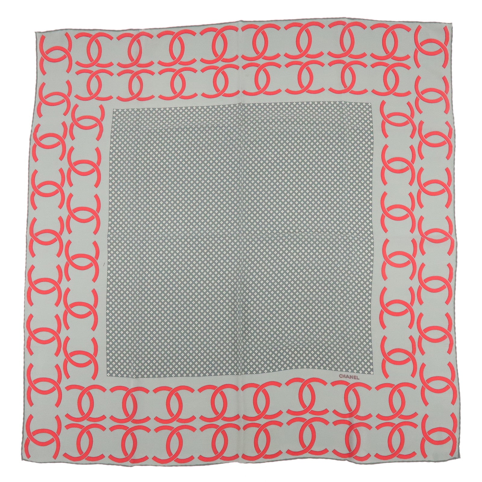 CHANEL COCO Mark Silk 100% Scarf Shawl Geometric Pattern Gray Red