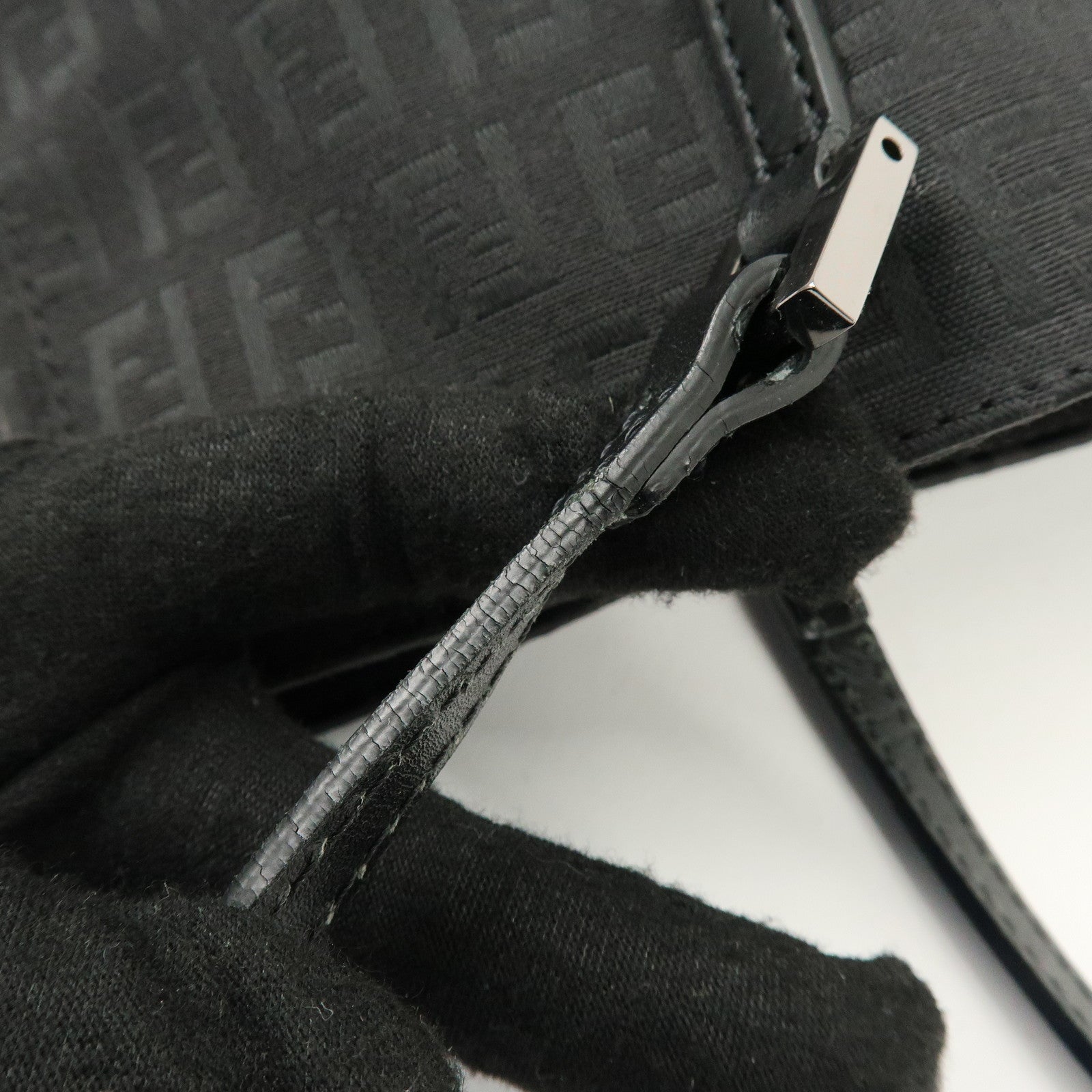 FENDI Zucchino Canvas Leather Tote Bag Shoulder Bag Black 8BH073