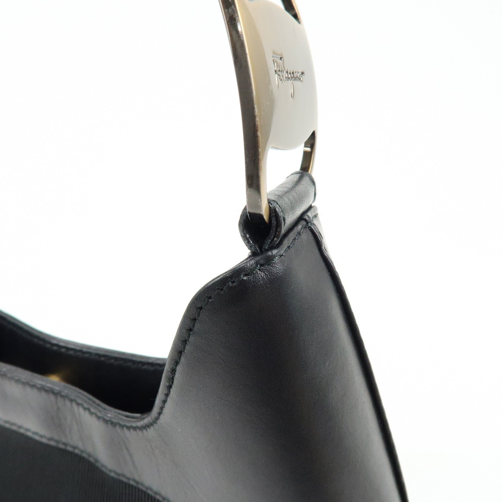 Ferragamo Vara Canvas Leather Shoulder Bag Hand Bag Black