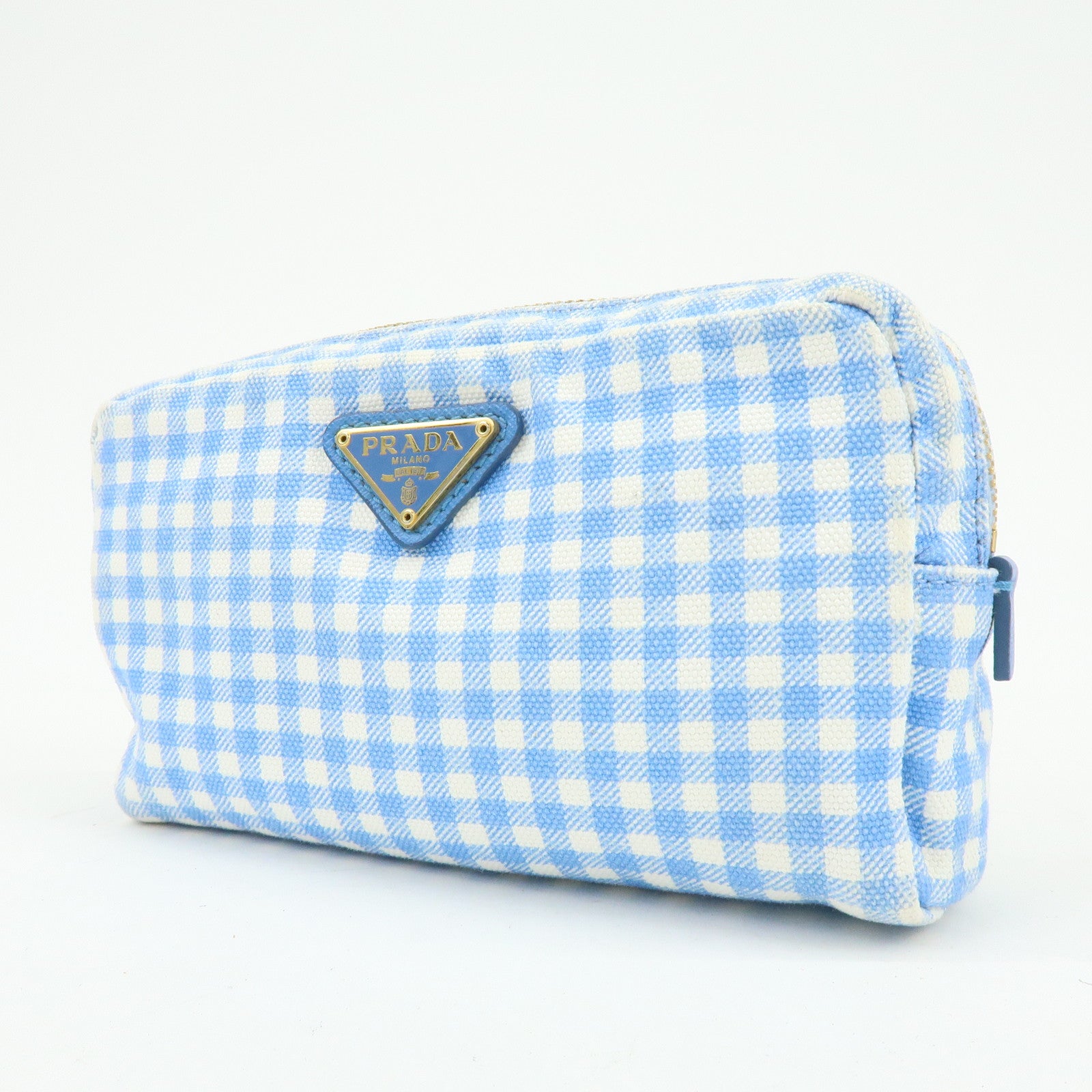 PRADA Triangle Logo Canvas Gingham Pattern Pouch Blue 1NA021