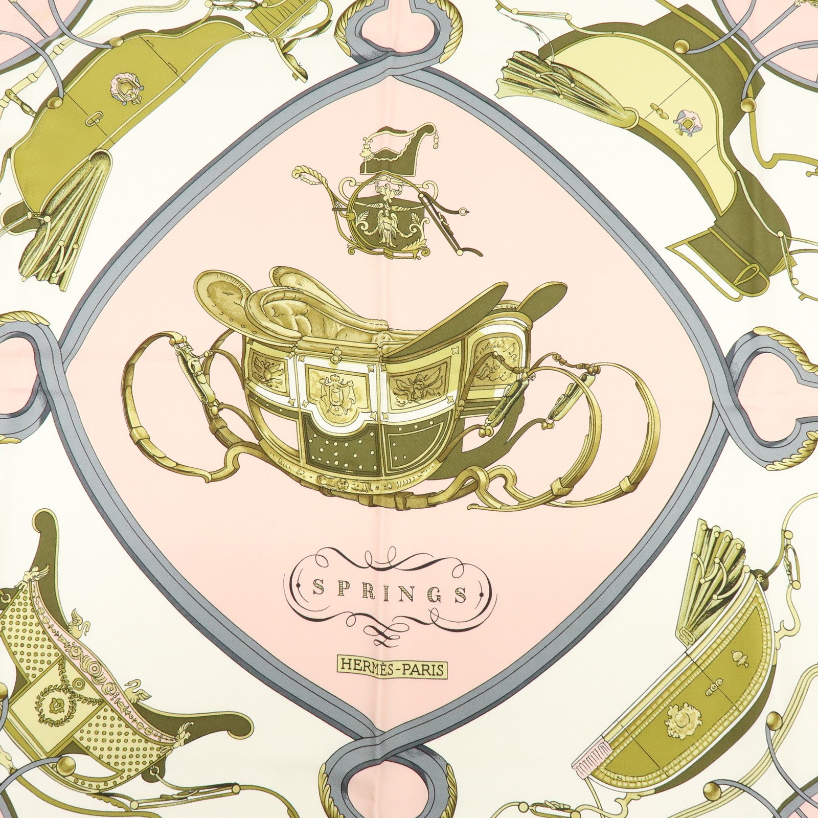 HERMES Carre 90 Silk 100% Scarf SPRINGS Carriage Print Pink White