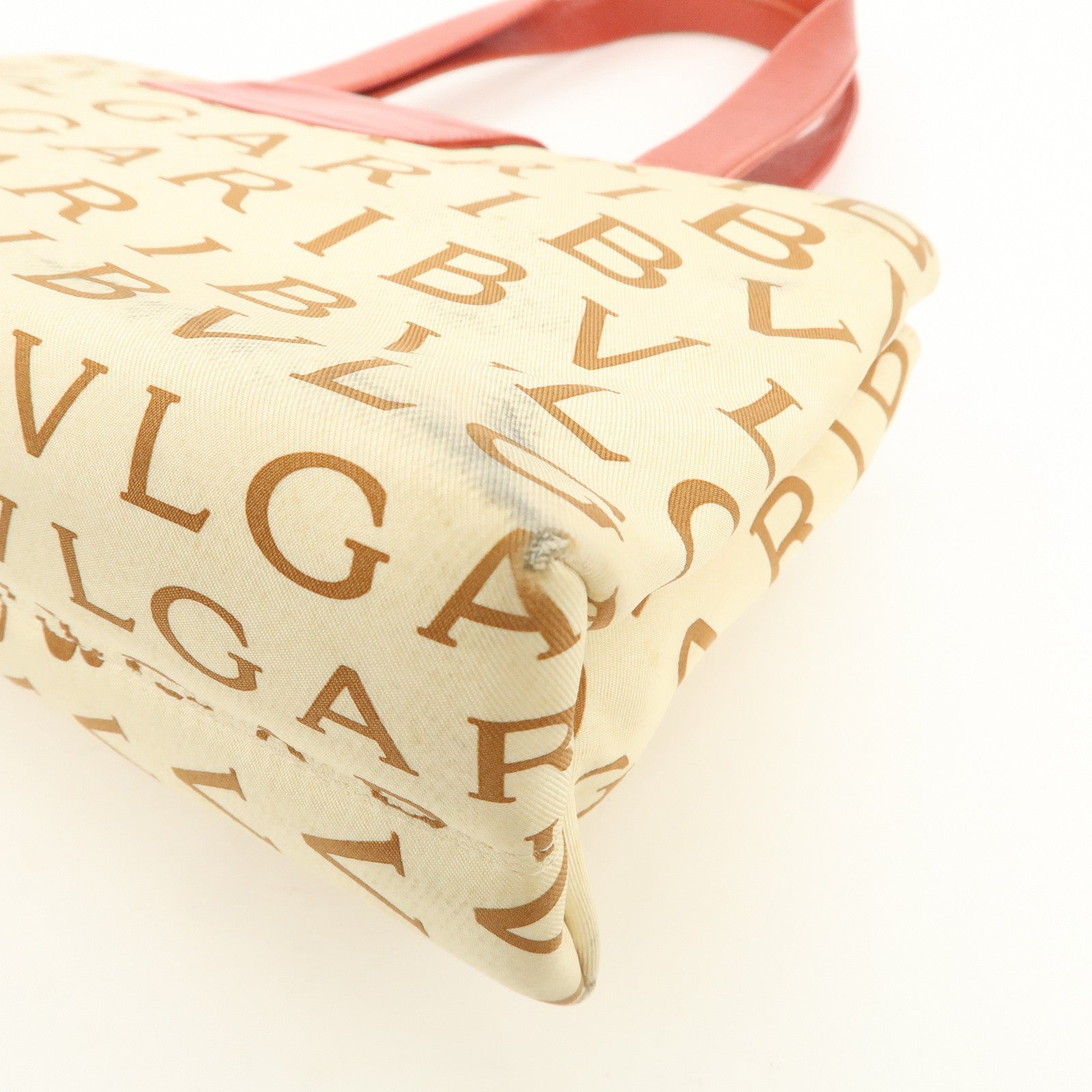 BVLGARI Logo Mania Leather Canvas Shoulder Bag Beige Red