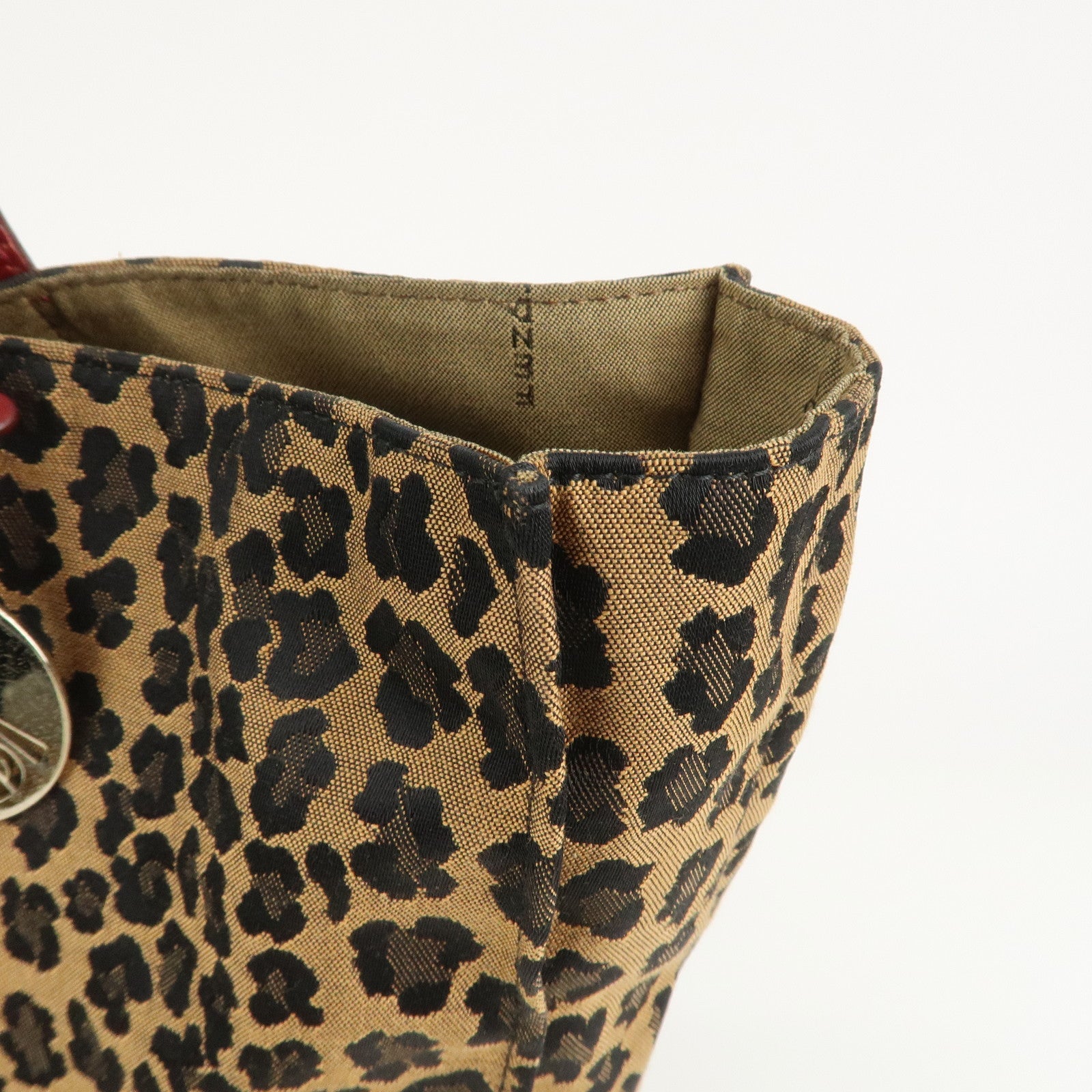 FENDI Canvas Leather Leopard Tote Bag Hand Bag Brown Red 8BH173