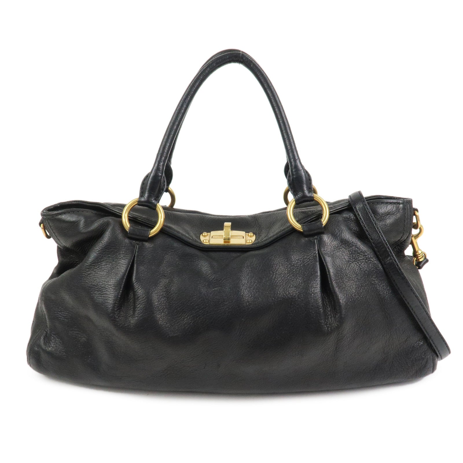 MIU MIU Leather 2 Way Bag Tote Shoulder Crossbody Bag Black Gold