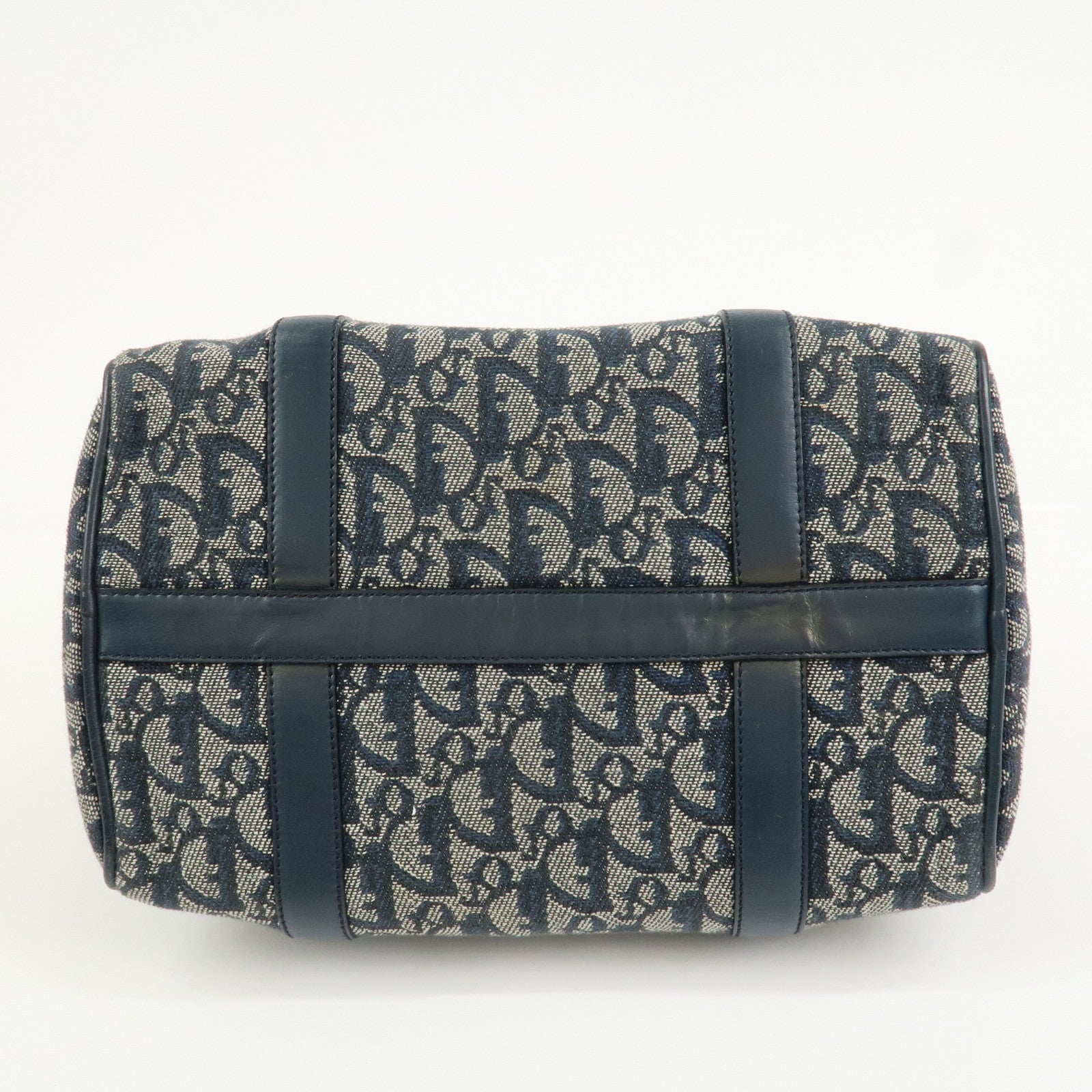 Christian Dior Oblique Canvas Leather Boston Bag Hand Bag Navy