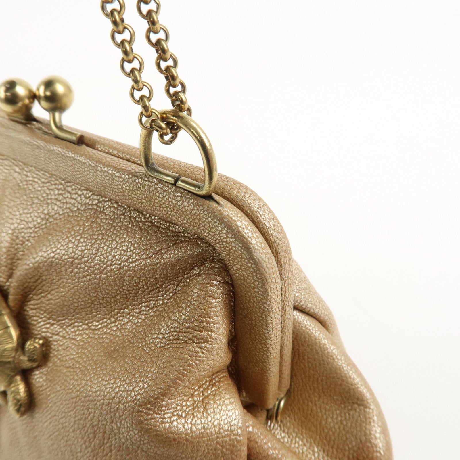 Ferragamo Leather Turtle Motif Chain Hand Bag Metallic Pink Beige