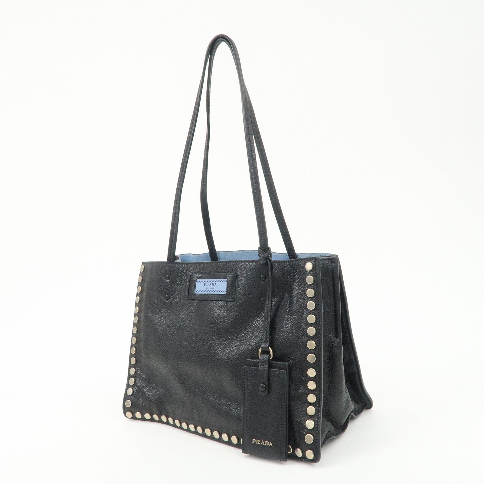 PRADA Logo Etiquette Leather Tote Bag Studs Black 1BG121
