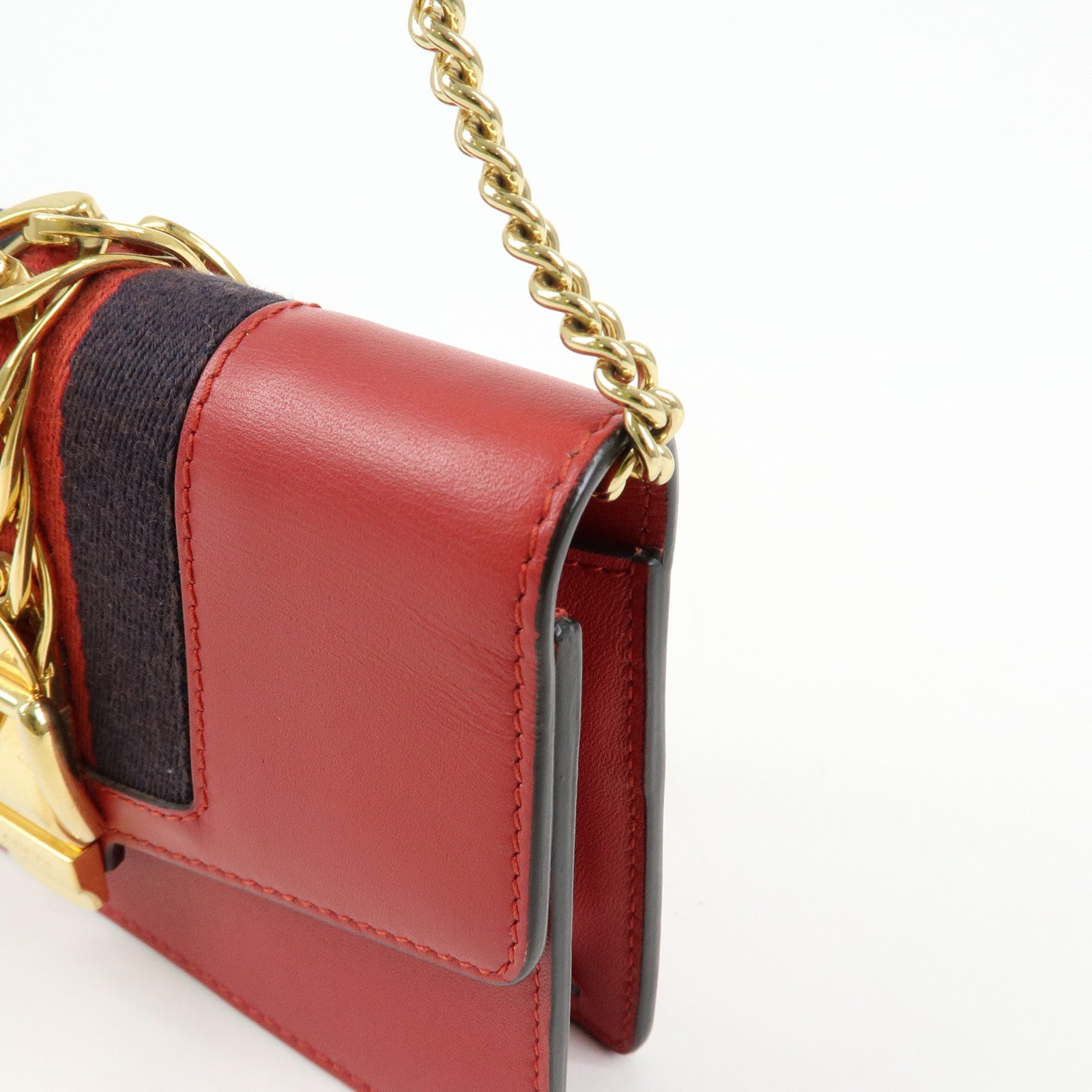 GUCCI Sylvie Sherry Leather Chain Mini Shoulder Bag Red Navy 494646