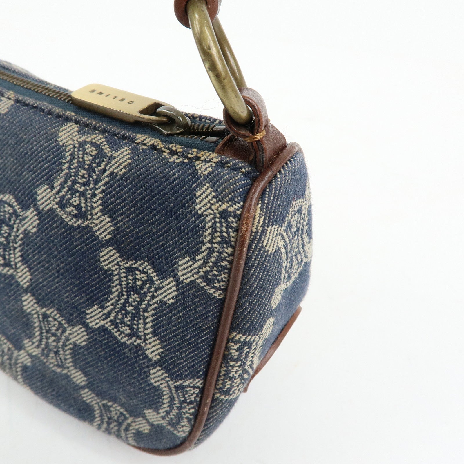 CELINE Macadam Denim Leather Shoulder Hand Bag Indigo Blue Brown