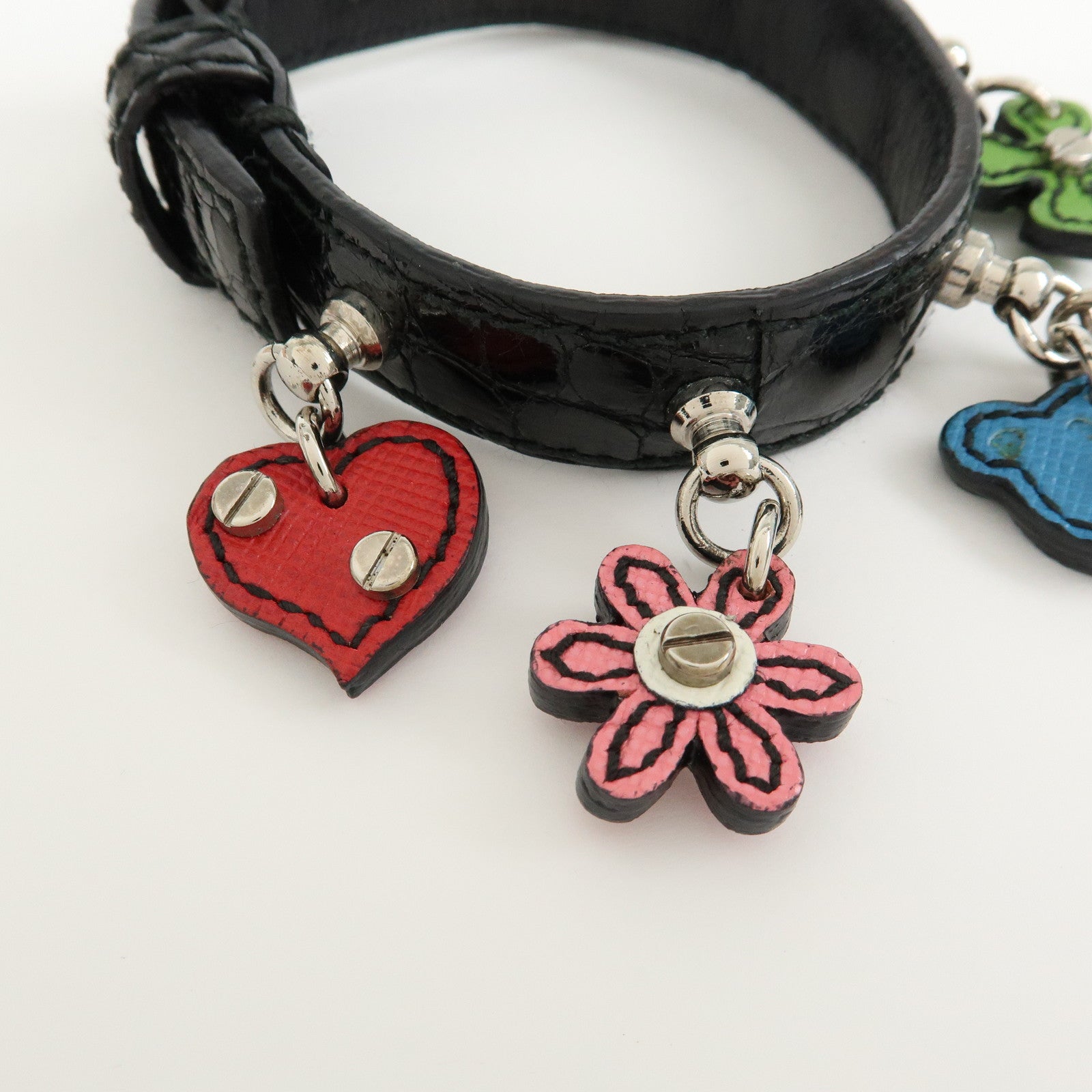 PRADA Patent Saffiano Leather Heart Flower Bear Bracelet Black