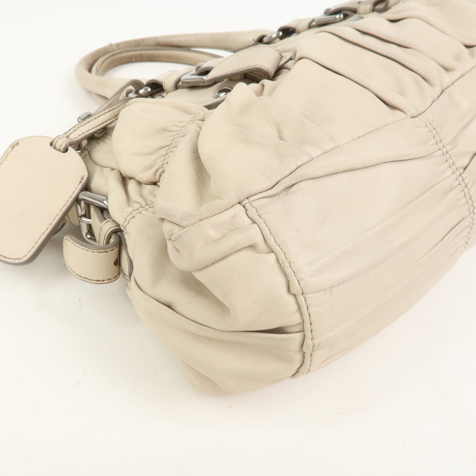 PRADA Nappa Leather Gathered 2Way Tote Shoulder Bag Beige BN1407