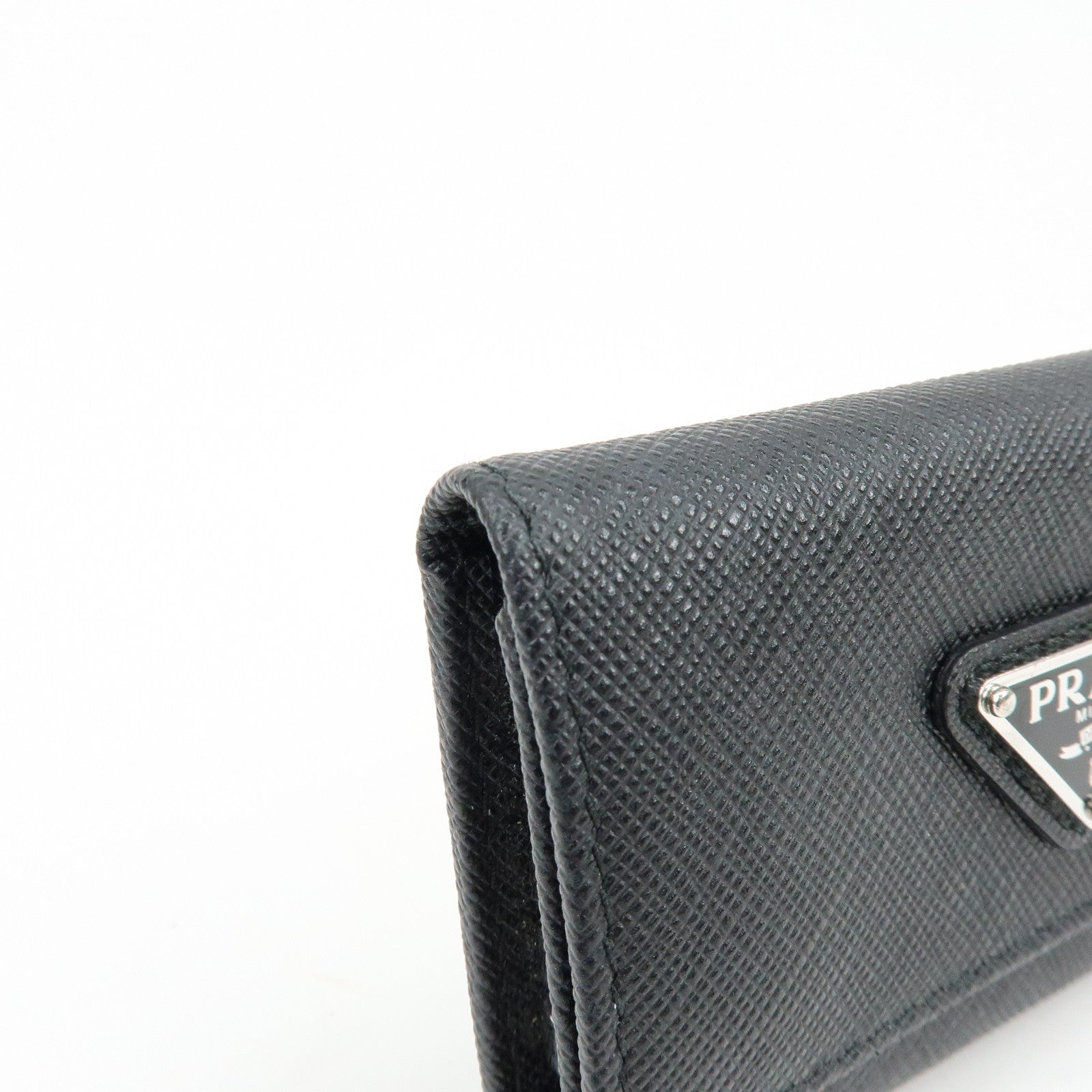 PRADA Triangle Logo Saffiano Leather Key Case Key Ring Black 1PG004