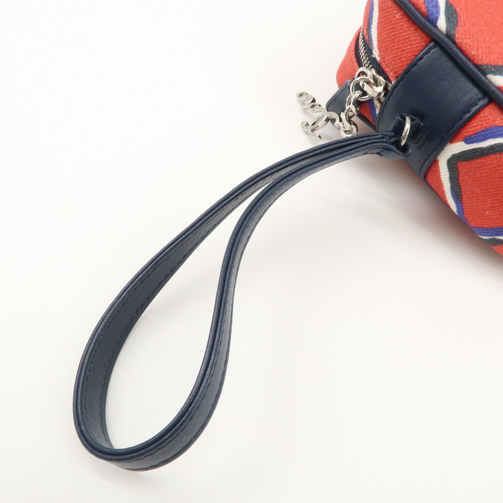 CHANEL COCO Mark COCO Beach Canvas Pouch Red Navy Silver HDW Used