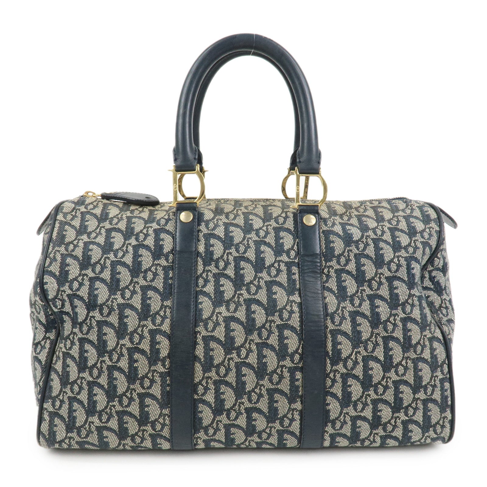 Christian Dior Trotter Jacquard Canvas Leather Boston Hand Bag Navy