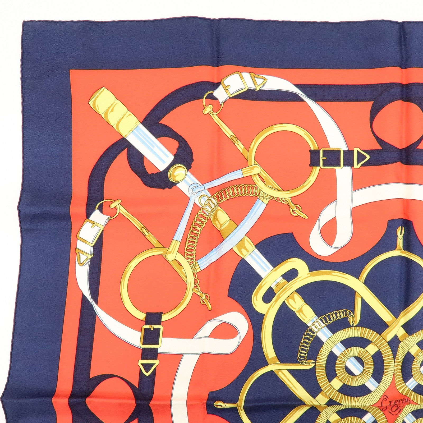 HERMES Carre 90 Silk 100% Eperon d'or Scarf Navy Red