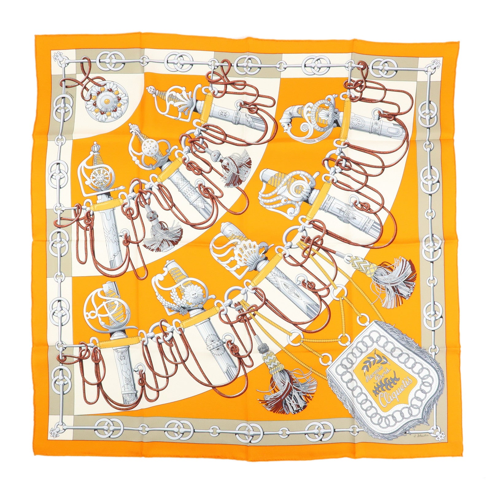 HERMES Carre 90 Silk 100% Scarf Cliquetis Orange Gray