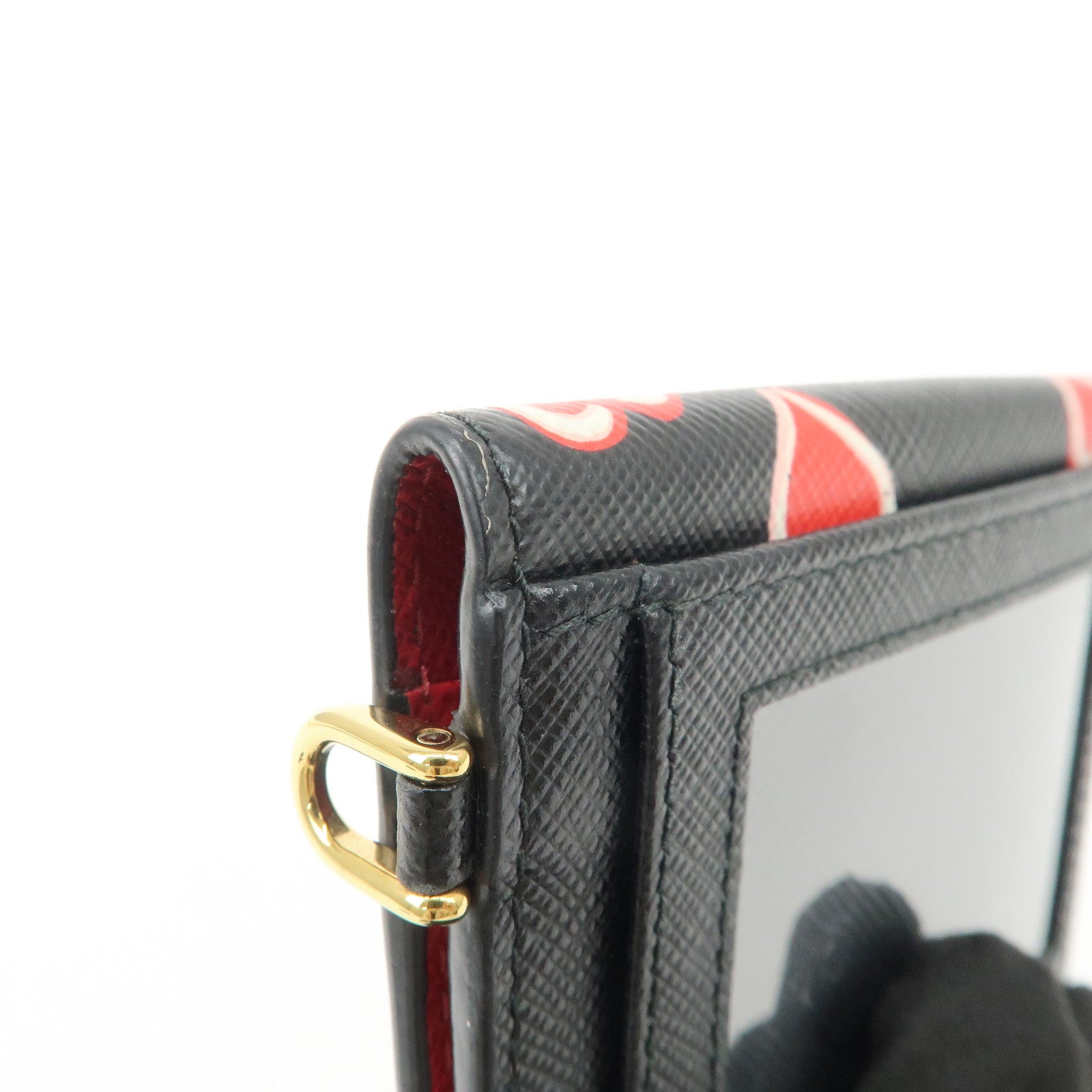 PRADA Saffiano Leather Heart Card Case Pass Case Black Red 1MC006
