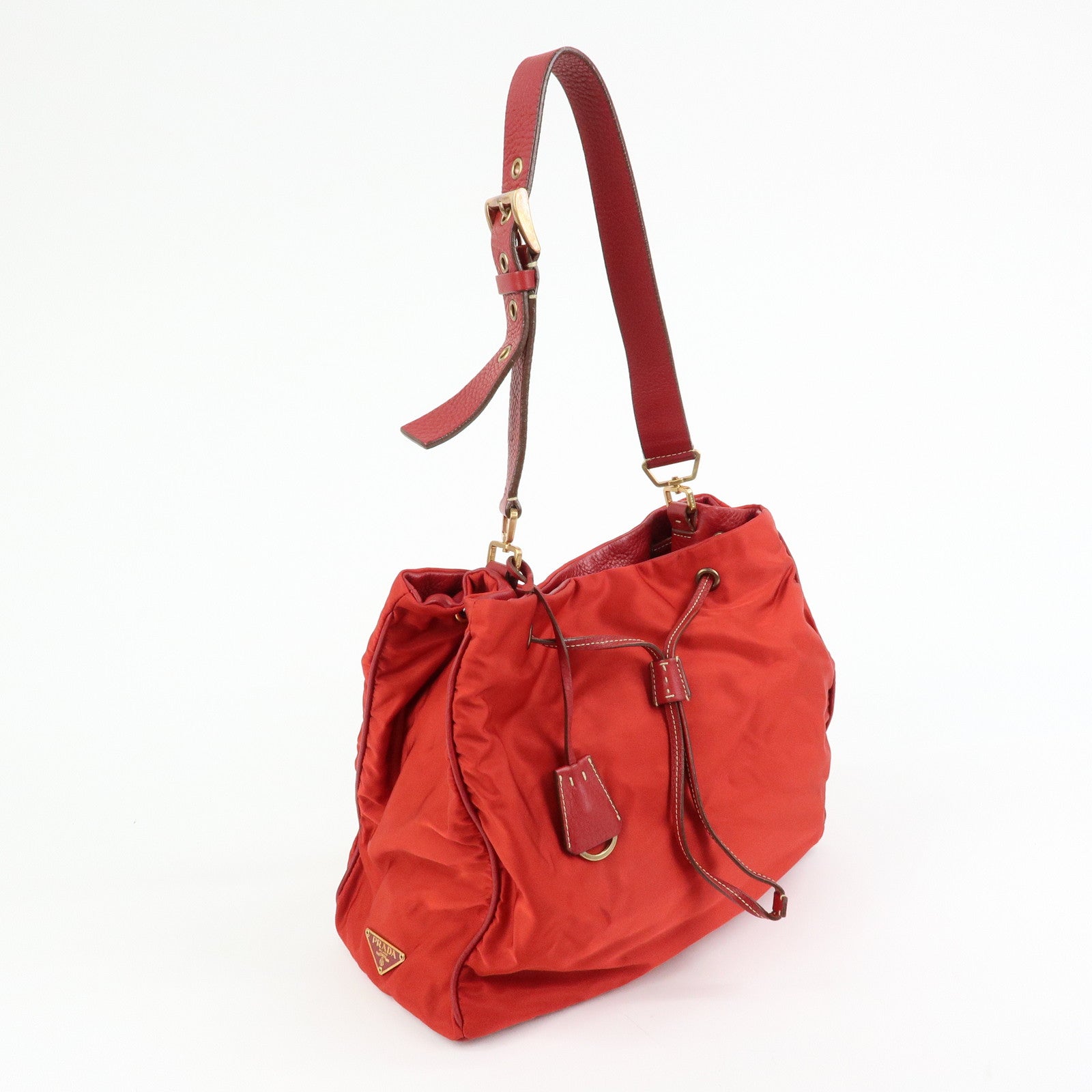 PRADA Triangle Logo Nylon Leather Shoulder Bag Hand Bag Red