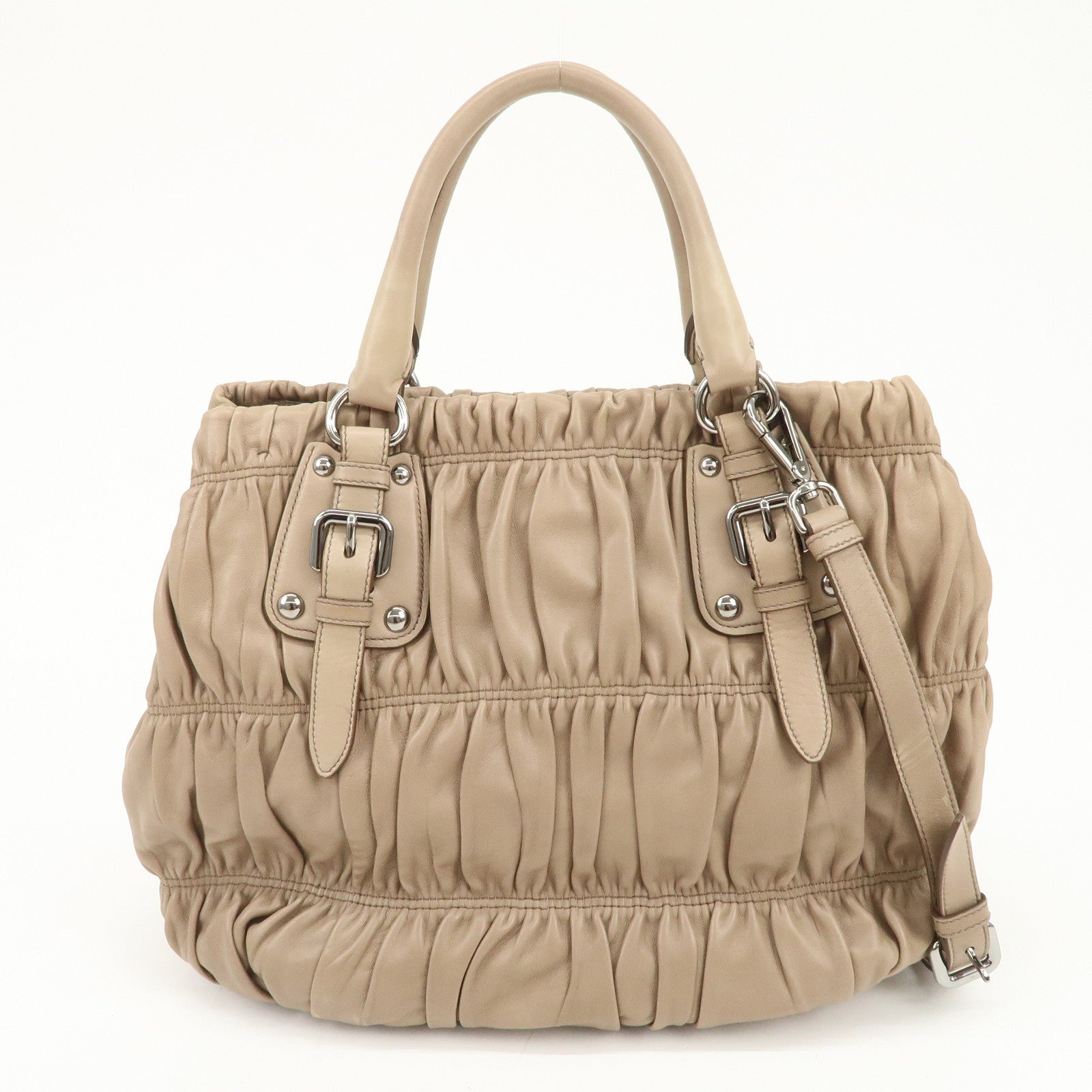 PRADA Logo Leather Gathered 2Way Shoulder Bag Hand Bag BN1789